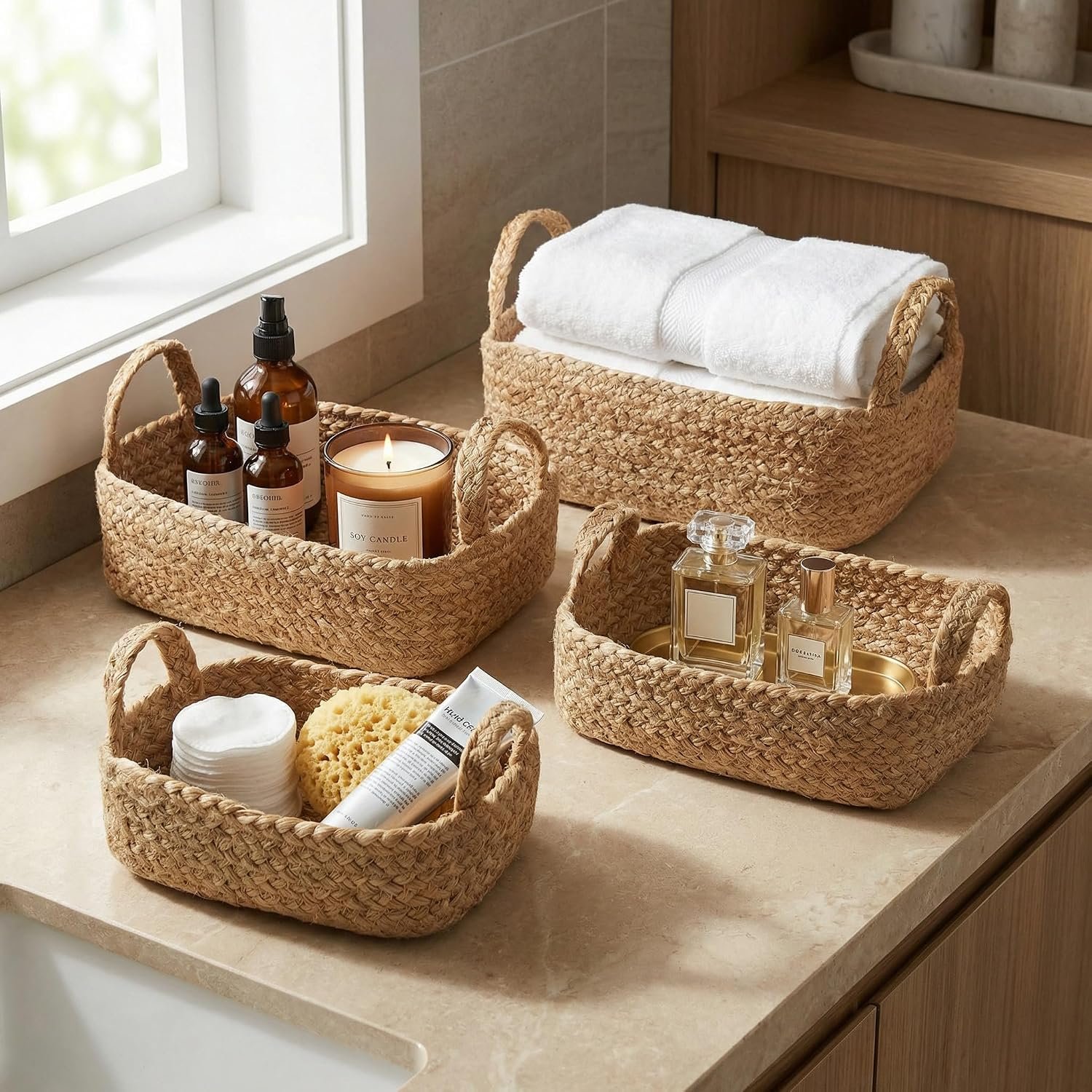 Beautiful Storage Basket Set of 4 – Natural Jute Rope Baskets for Shelves