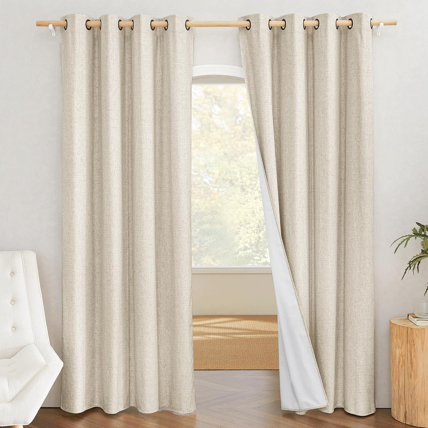 NICETOWN Natural 100% Blackout Linen Curtains 84 inch Long Burg for Living Room, 2 Panels, 52″ Wide, Farmhouse Thick Completely Blackout Window Treatment Thermal Insulated Warm Drapes for Winter