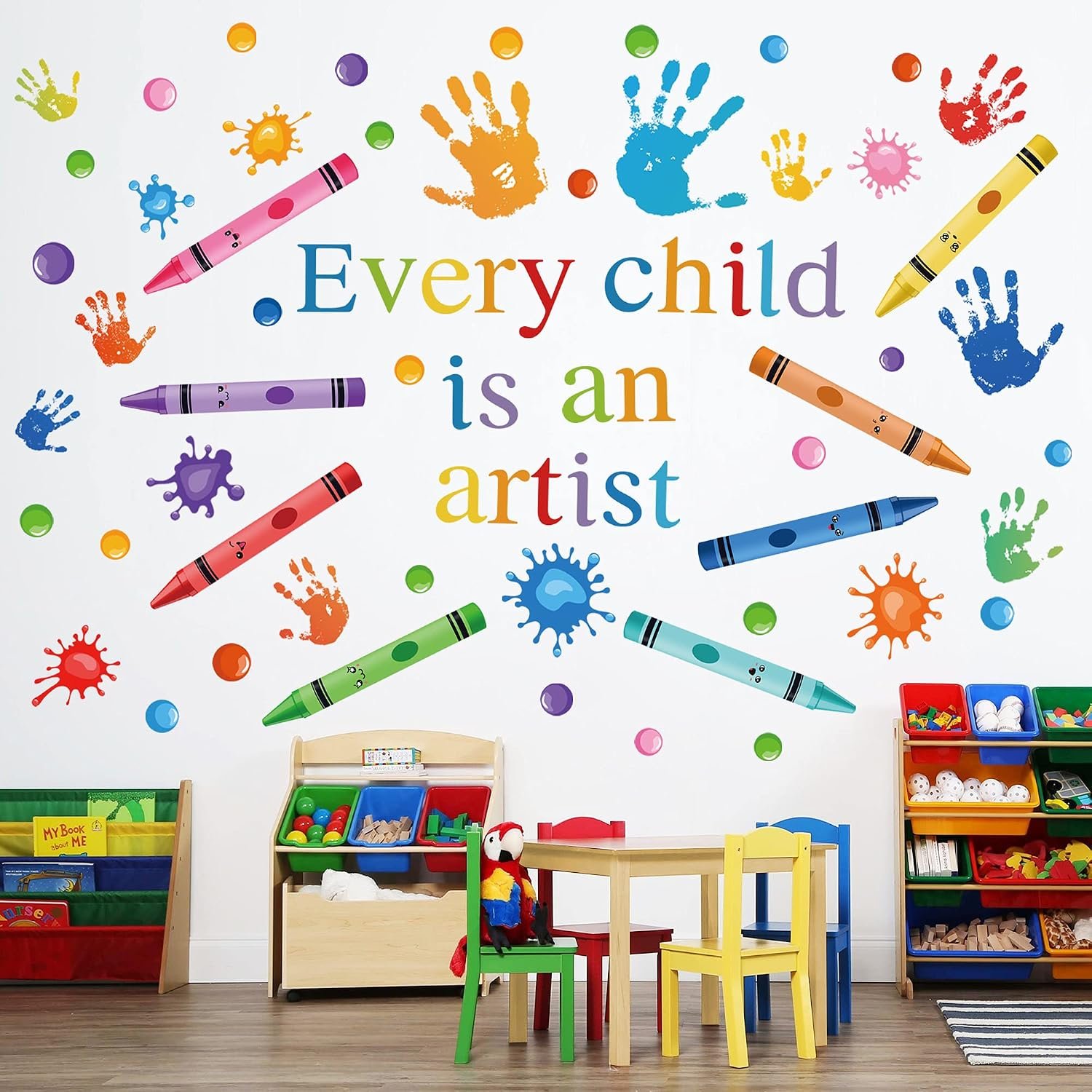 Every Child is an Artist Wall Decals Watercolor Crayon Paint Splatter Wall Decal Handprint Polka Dots Splash Wall Stickers Colorful Peel and Stick for Classroom School Nursery Playroom Daycare Decor