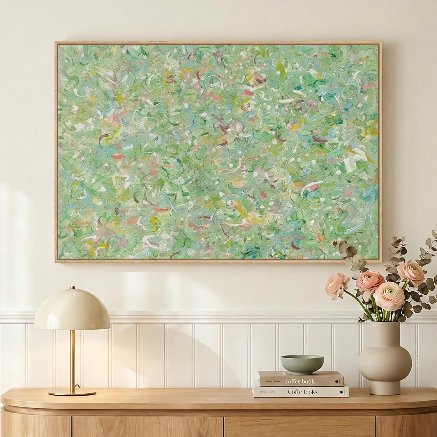 Framed Green Colorful Abstract Wall Art, Horizontal 1 Piece 36×24 In
