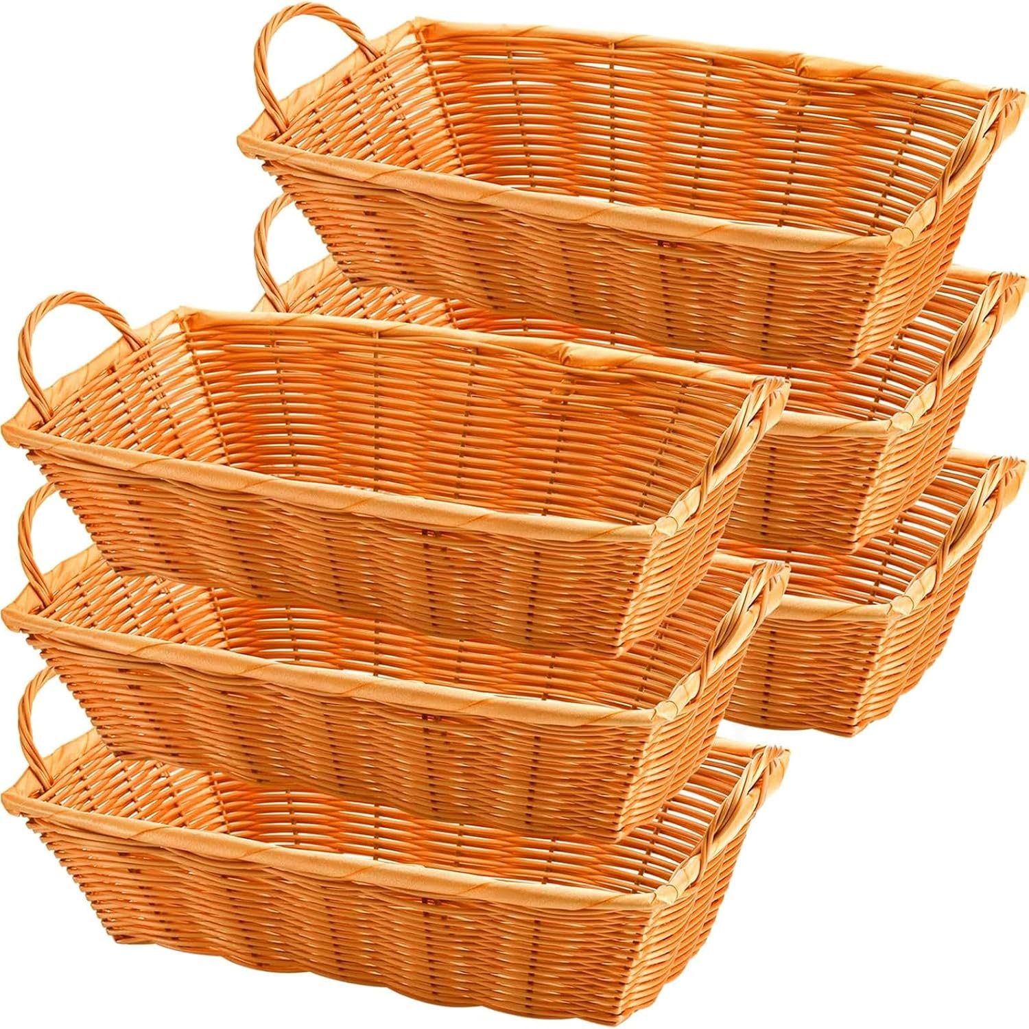 Yesland 6 Pcs Poly Wicker Bread Basket with Handle, 14 Inch Rectangular Imitation Rattan Fruit Storage Baskets – Stackable Empty Gift Basket for Vegetables, Food Serving, Display, Outdoor, Orange