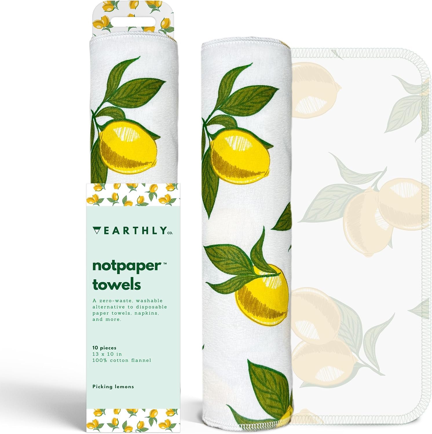 Reusable Paper Towels – 10 Pack – Roll of Washable Cotton Cloth Paper Towels – Paperless Reusable Napkins Cloth Washable – Absorbent + Long Lasting – Zero Waste Products – (Lemon)