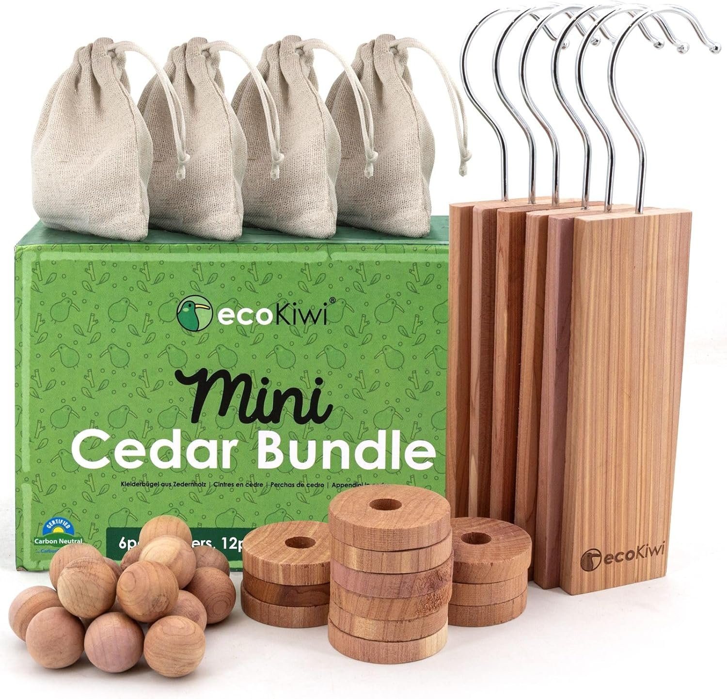 ecoKiwi Cedar Bundle for Clothes Storage – Hangers x6 Balls x16 Rings x12