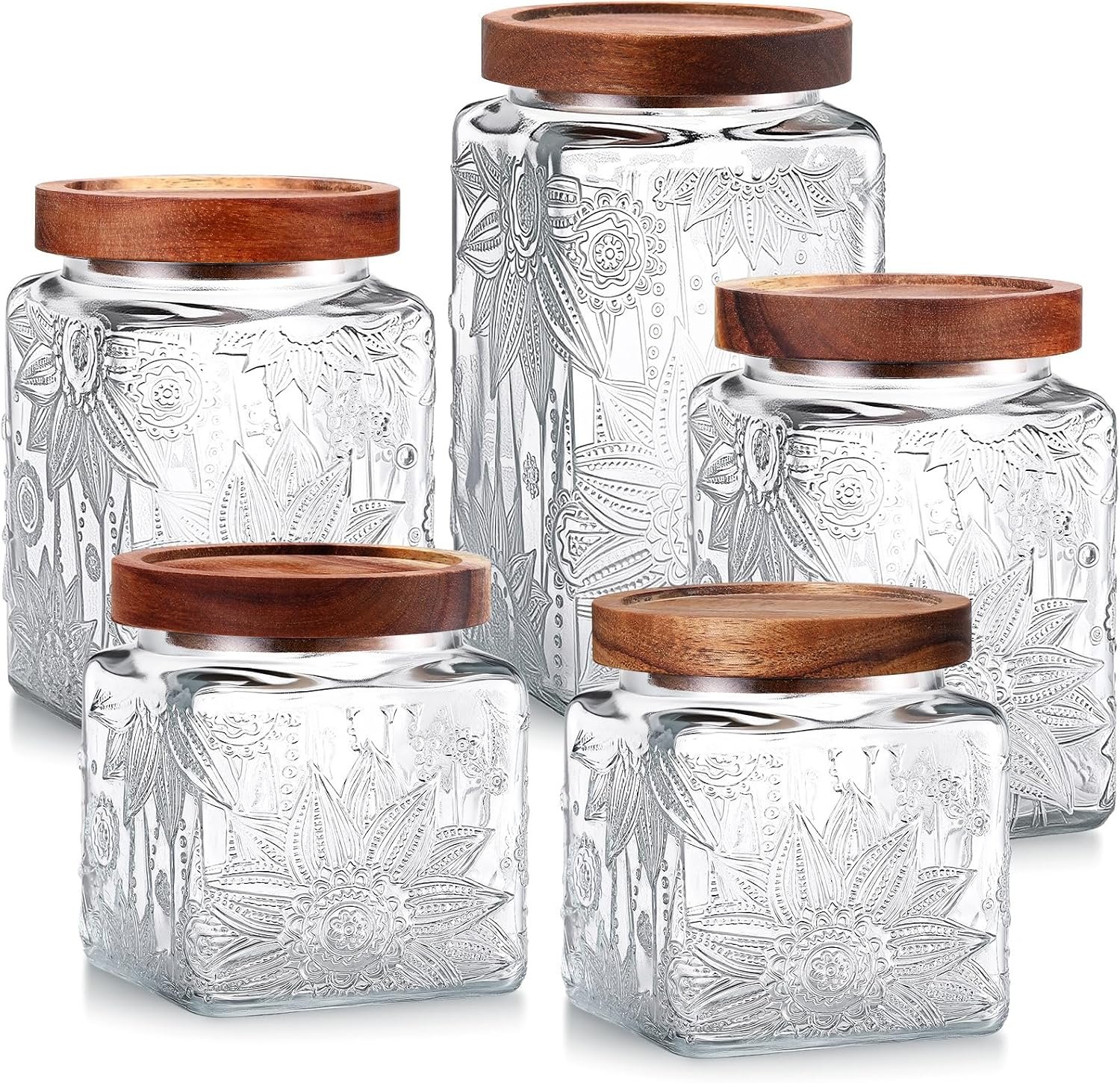 Suclain 5 Pcs Sunflower Vintage Glass Jars Airtight Lid 17/24/34 oz,Square