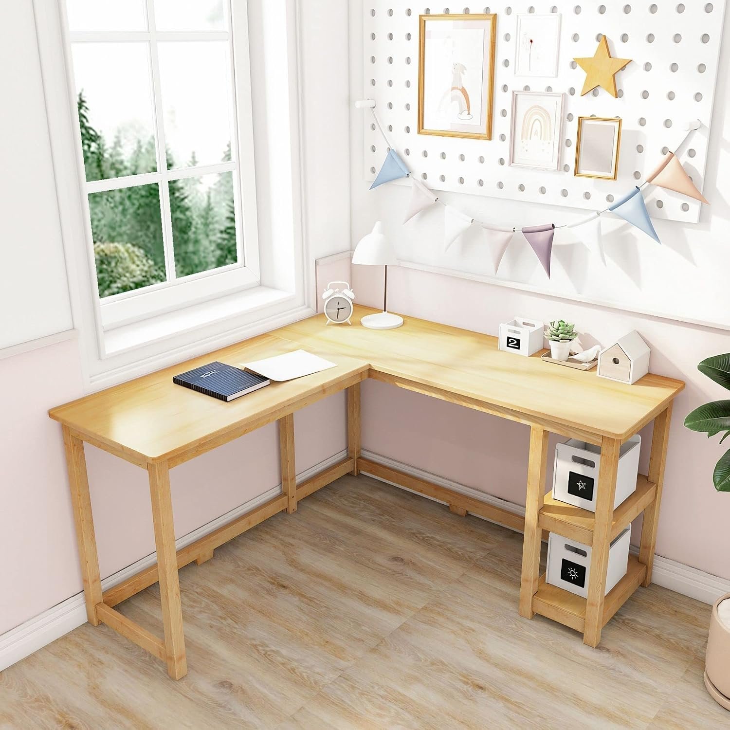 Max & Lily Classic Desk, 55 Inch, L-Shape, with Shelf, Natural