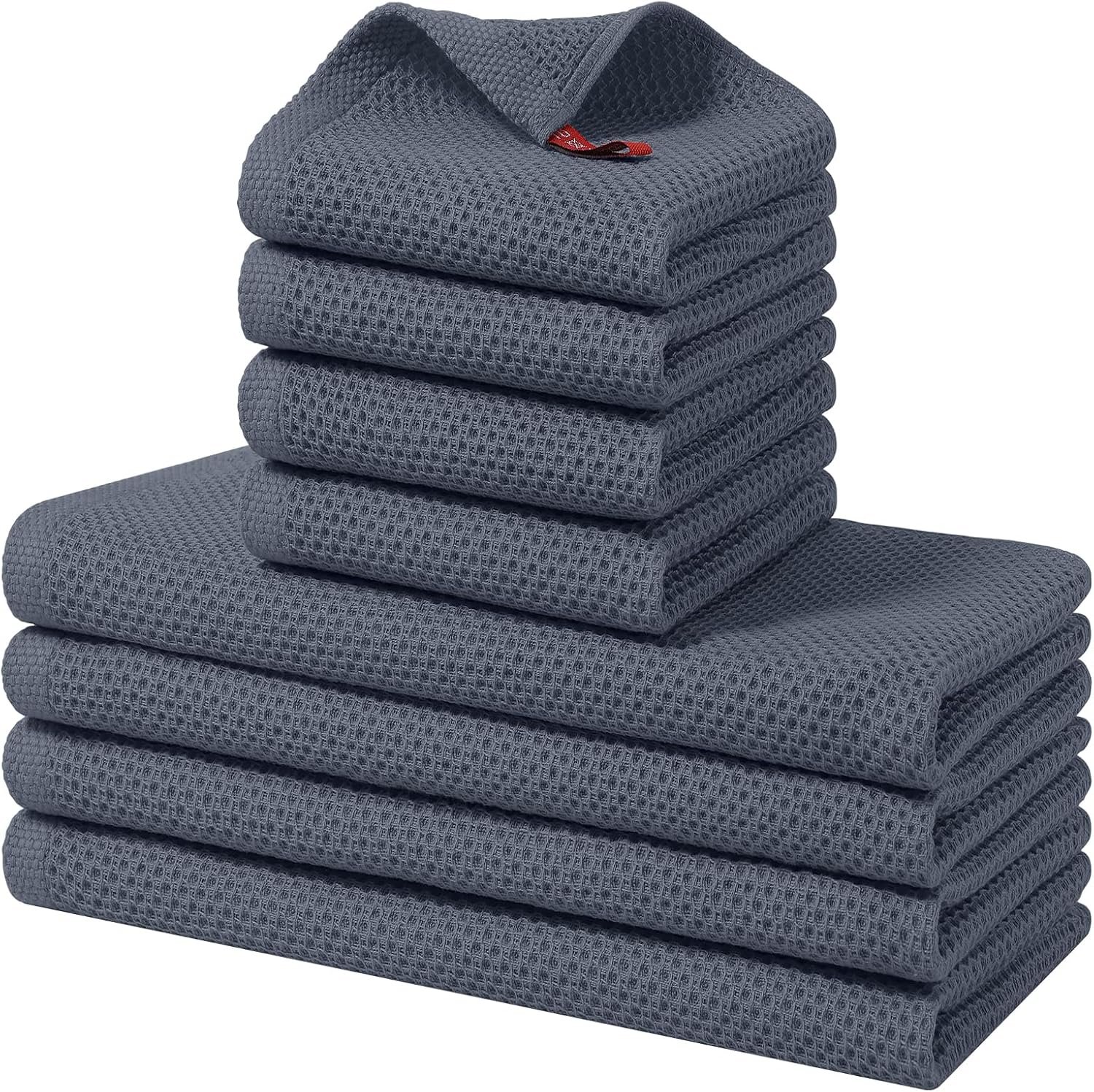 Homaxy 8 Pack 100% Cotton Kitchen Towels and Dishcloths Set, Dark Grey