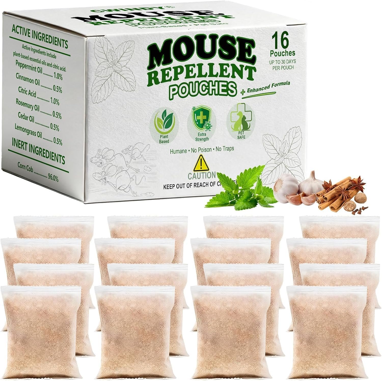 Mouse Repellent Pouches, 16 Pack Peppermint Oil Rodent Repellent – Natural Mouse & Rat Deterrent for Indoor & Outdoor Use, Humane Pest Control for Mice, Spiders & Squirrels, Family & Pet Friendly
