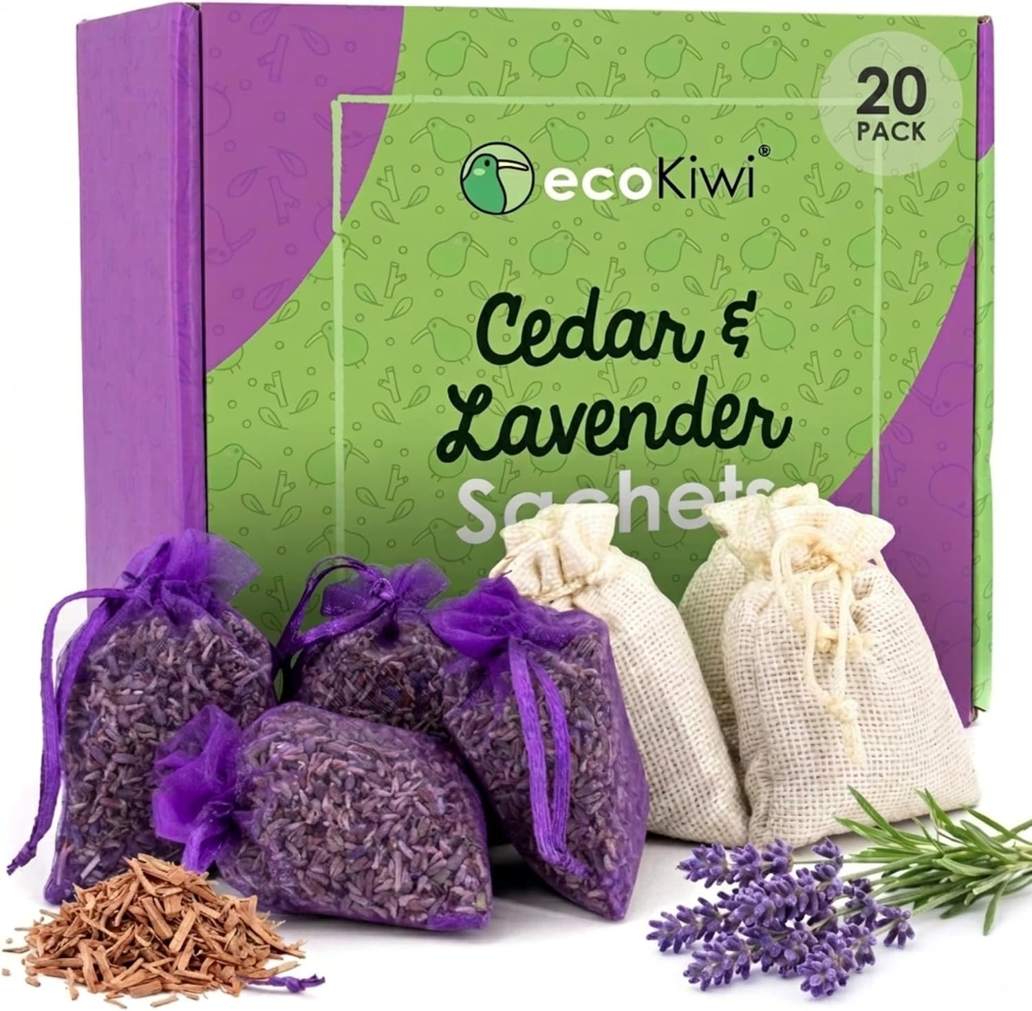 ecoKiwi Cedar and Lavender Sachets for Drawers and Closets – 20 Pack