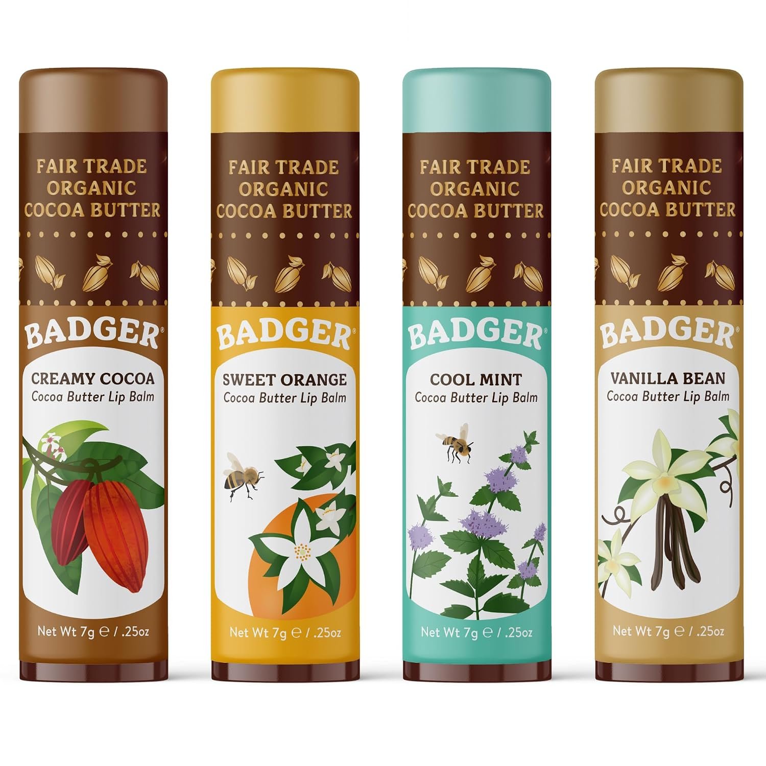 Badger Cocoa Butter Lip Balm Variety Pack, Organic, 4-Pack