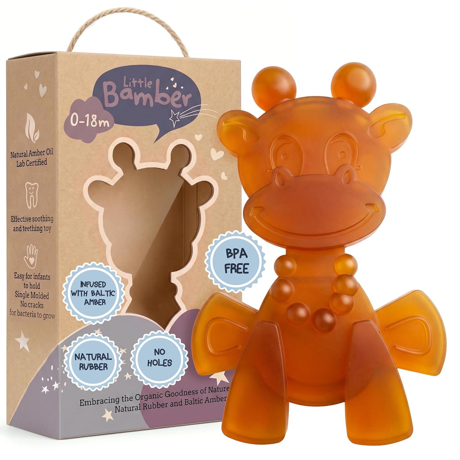 Bambeado LittleBamber Baby Teething Toy – Made with Natural Rubber & Amber Elements – Gentle Support, Easy to Hold, Simple to Clean – Cute Giraffe Teether Toy – Alternative to Amber Teething Necklace