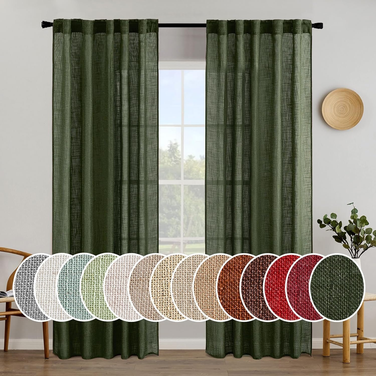 MIULEE Olive Green Linen Curtains 52×84 Inch Length for Bedroom Living Room