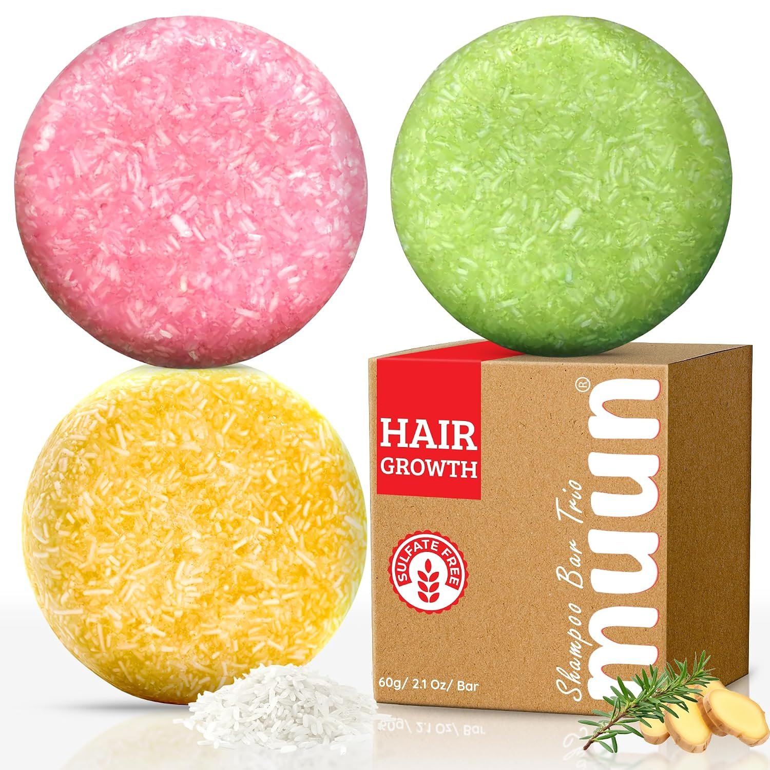 Muun Shampoo Bar Pack 3 Ginger Rosemary & Rice Water Solid Hair Growth Soap Bars