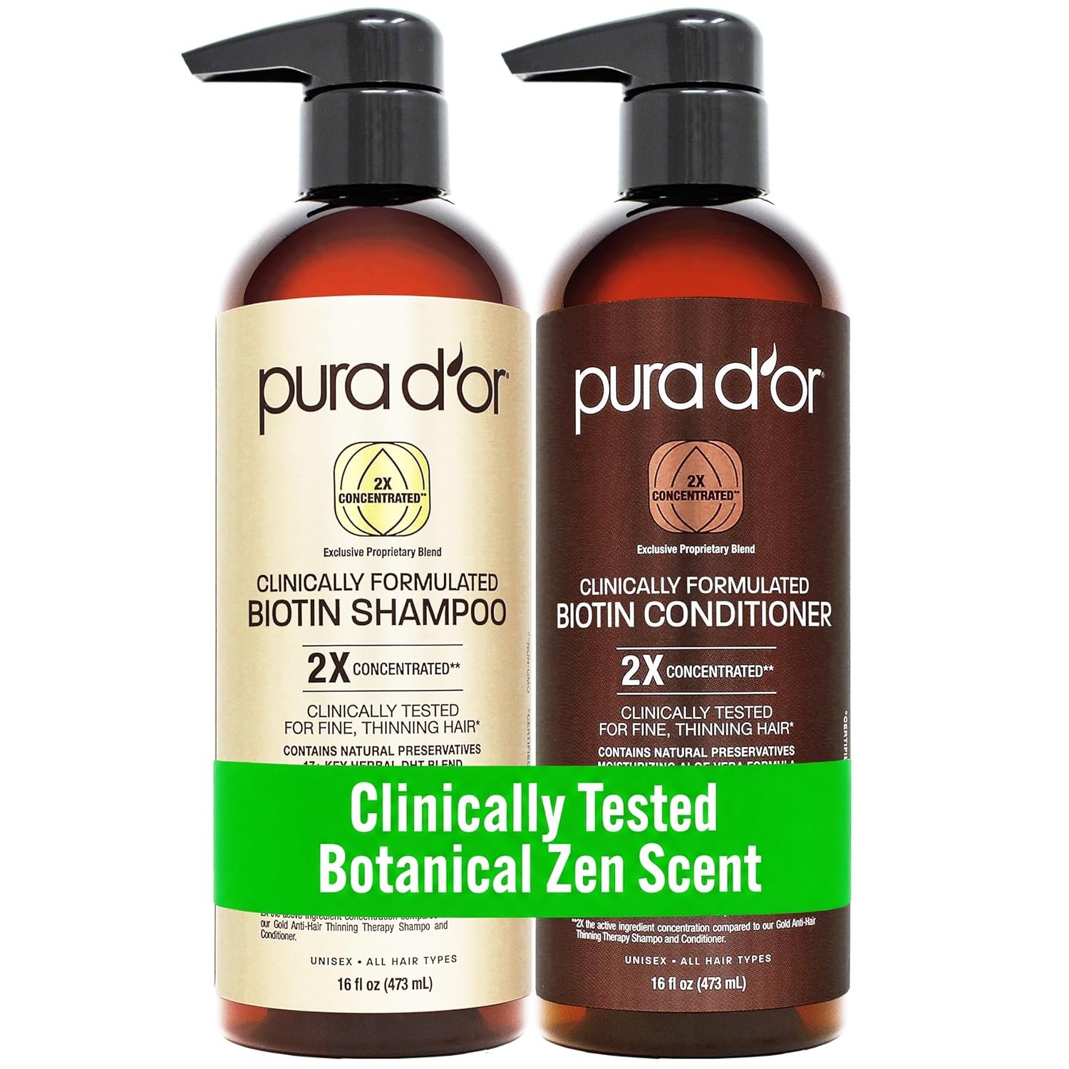 PURA D’OR Clinically Formulated Biotin Shampoo & Conditioner Set, 16oz x2