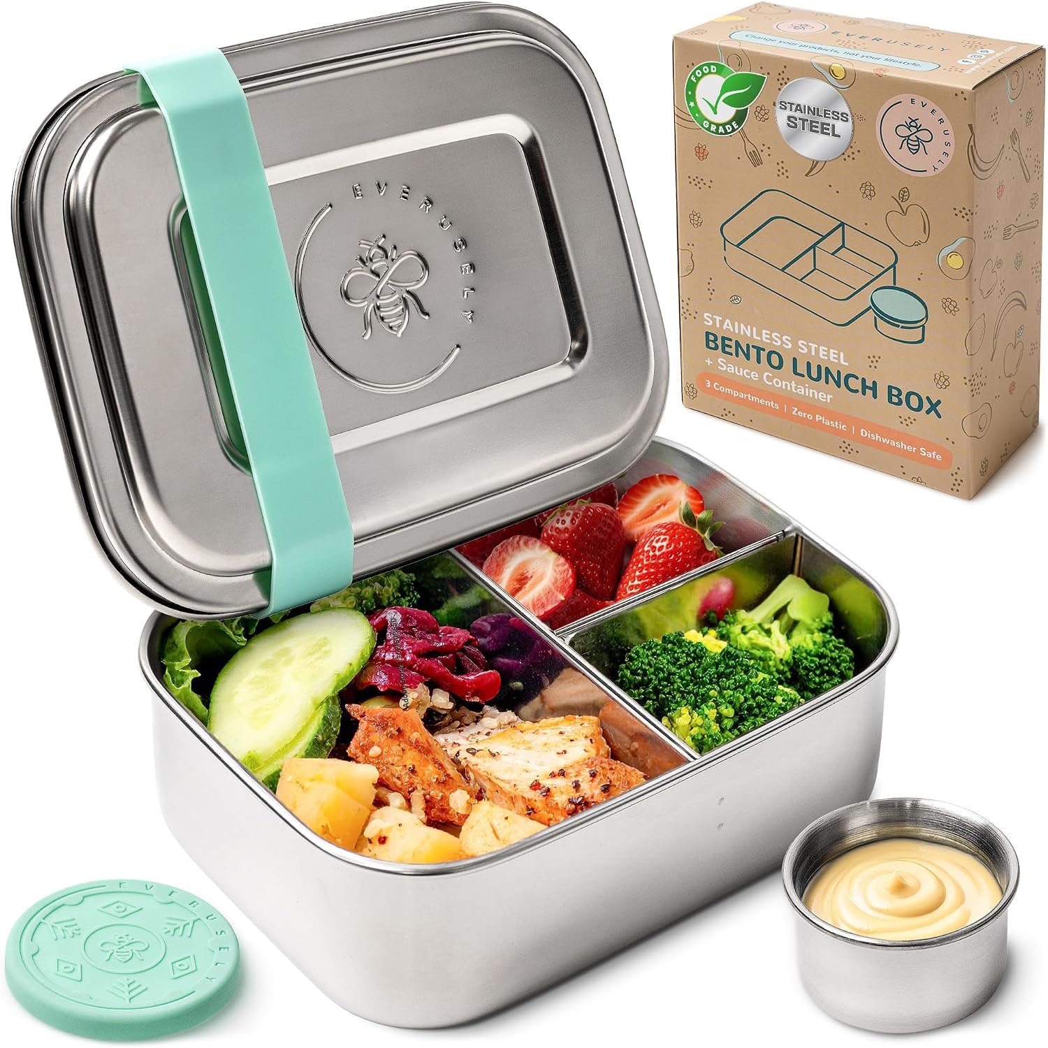 Stainless Steel Bento Box + Condiment Container – Green, 27oz / 0.8 L