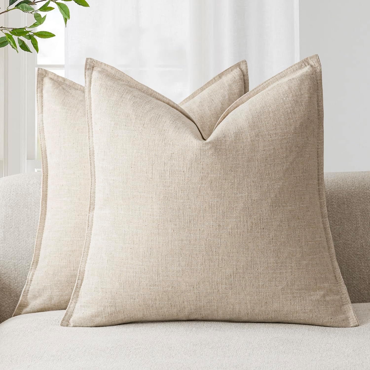 Foindtower Linen Solid Decorative Throw Pillow Covers 18×18 Natural Beige
