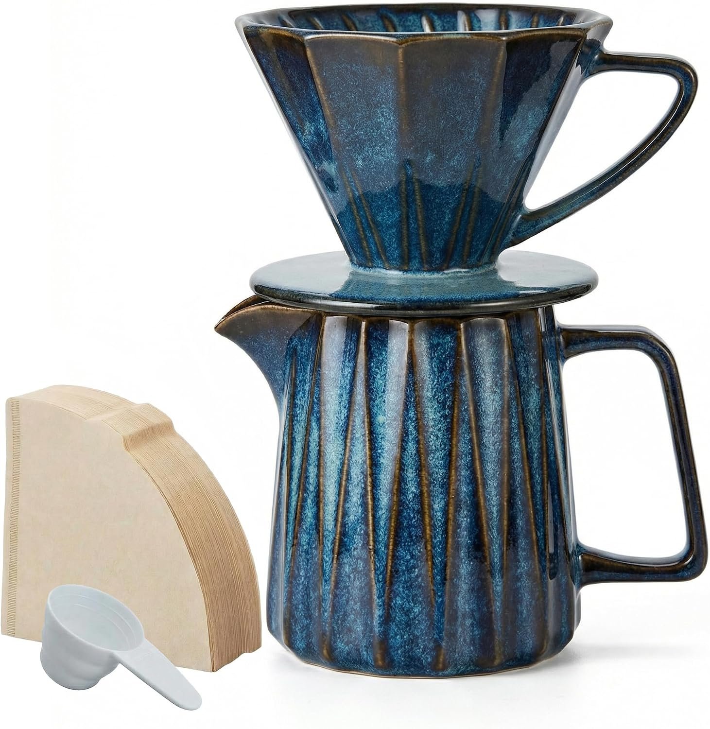 Pour Over Coffee Maker Set, Vintage Ceramic Coffee Dripper with 50 Paper Filters, 15oz/450ml, for Home Café Restaurant Camping