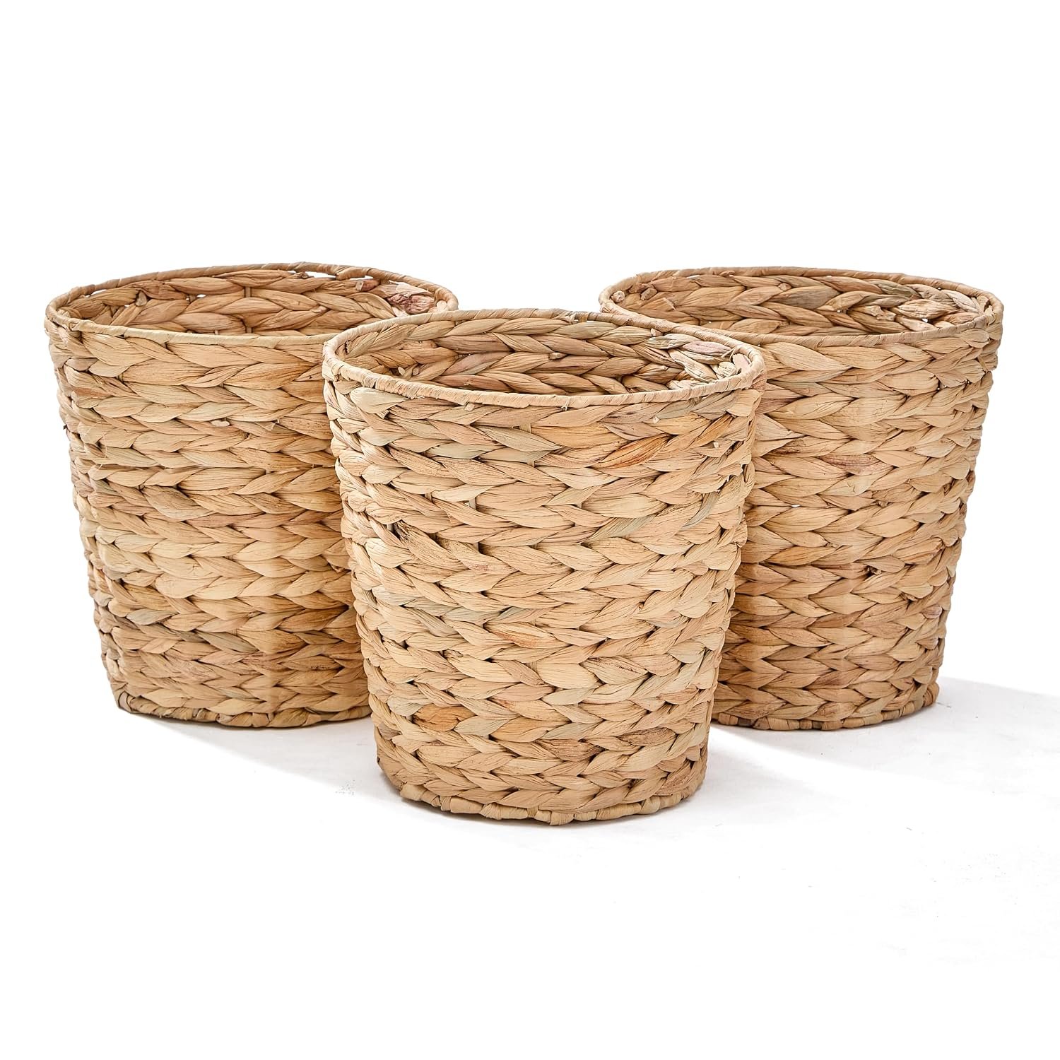 Wicker Trash Can 3 Pack, 3 Gallon Water Hyacinth Hand Woven Waste Basket for Bathroom, Bedroom, Home Office, Storage and Decor, Small Rattan Garbage Can for Living Room and Kitchen, Natural