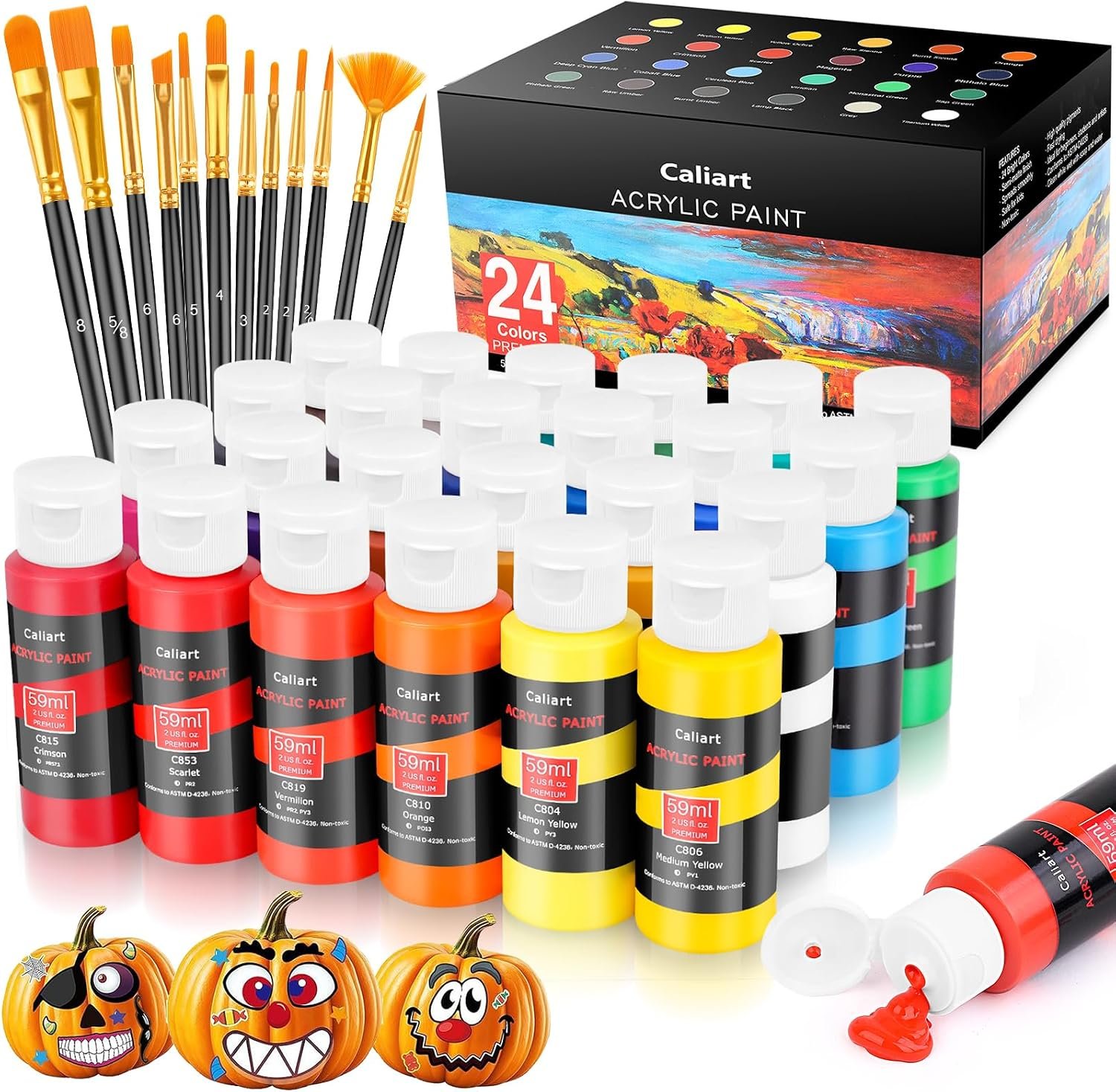 Caliart 24 Colors Acrylic Paint Set with 12 Brushes