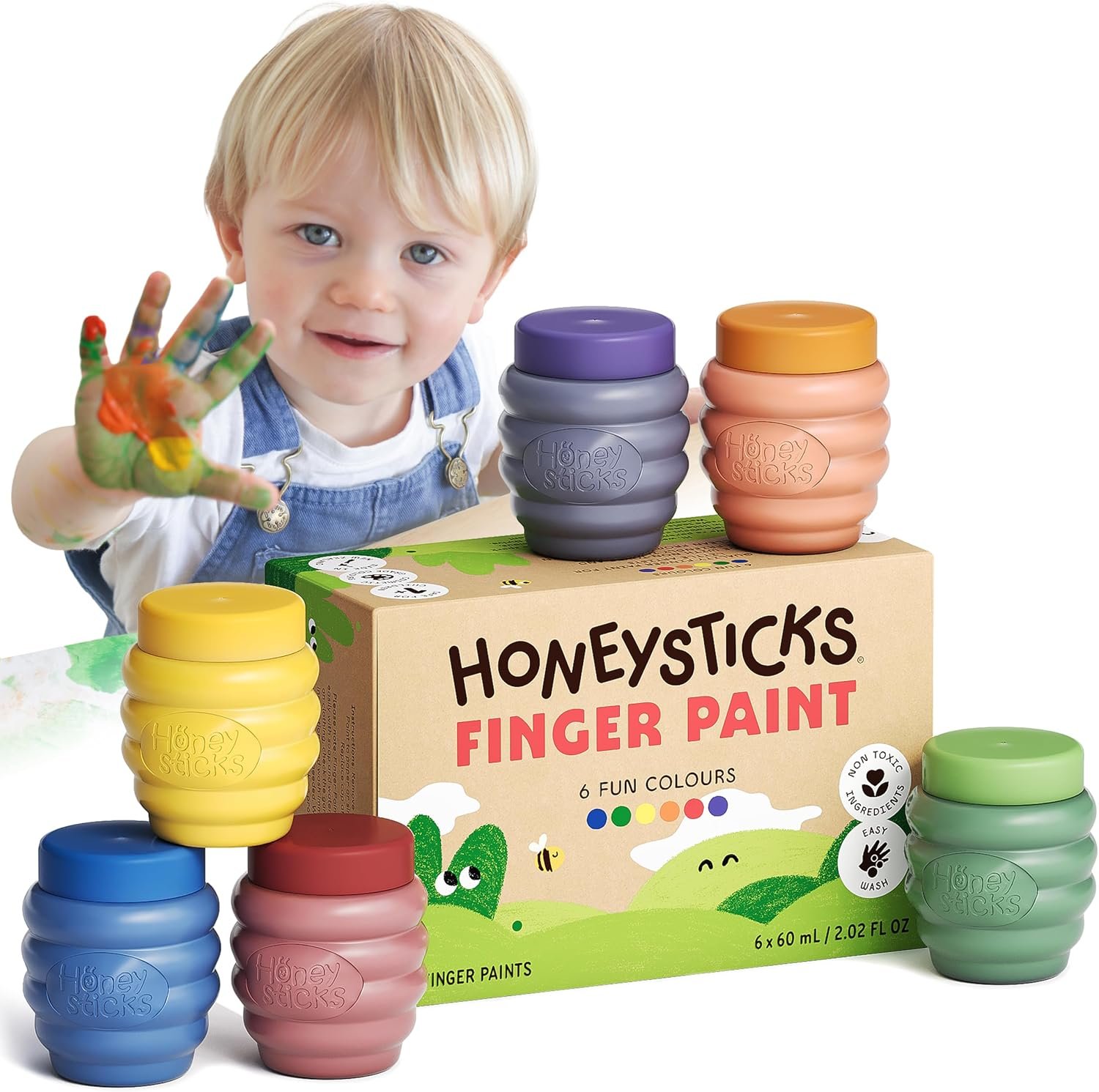 Honeysticks Non Toxic Finger Paint (6 Bright Colors) – Washable from Skin