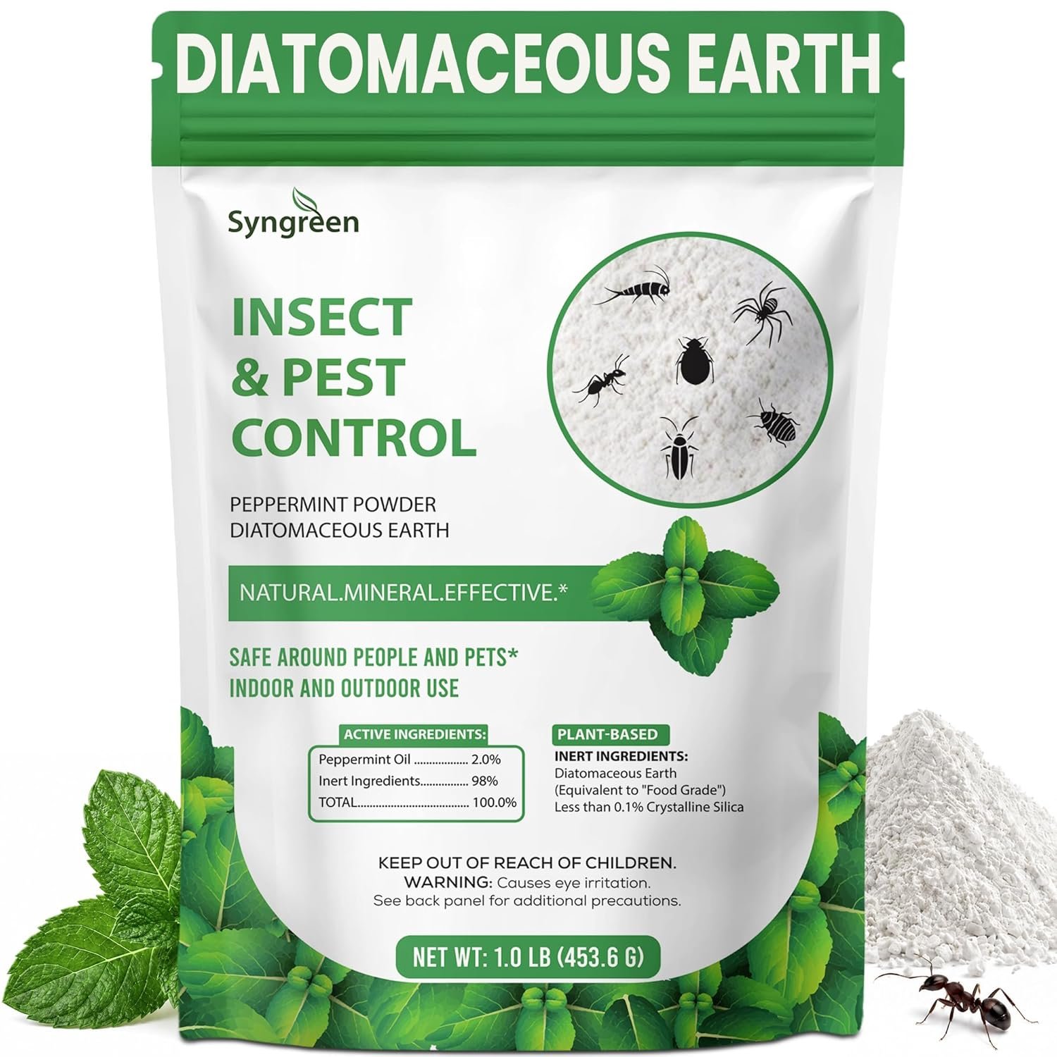 Diatomaceous Earth Food Grade Powder with Peppermint – Crawling Insect Killer for Bed Bugs, Roaches, Ants, Fleas – Indoor & Outdoor Pest Control | Family & Pet Safe | 1 lb