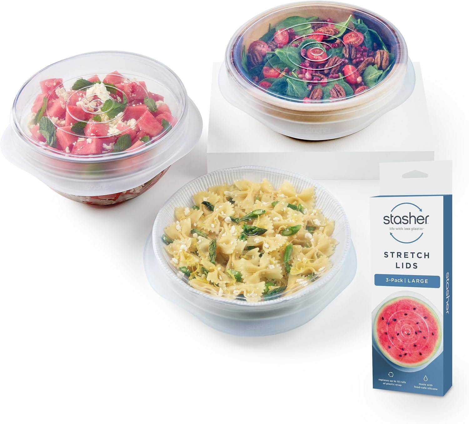 Stasher Premium Reusable Silicone Stretch Lids, Clear, 3-Pack, Large