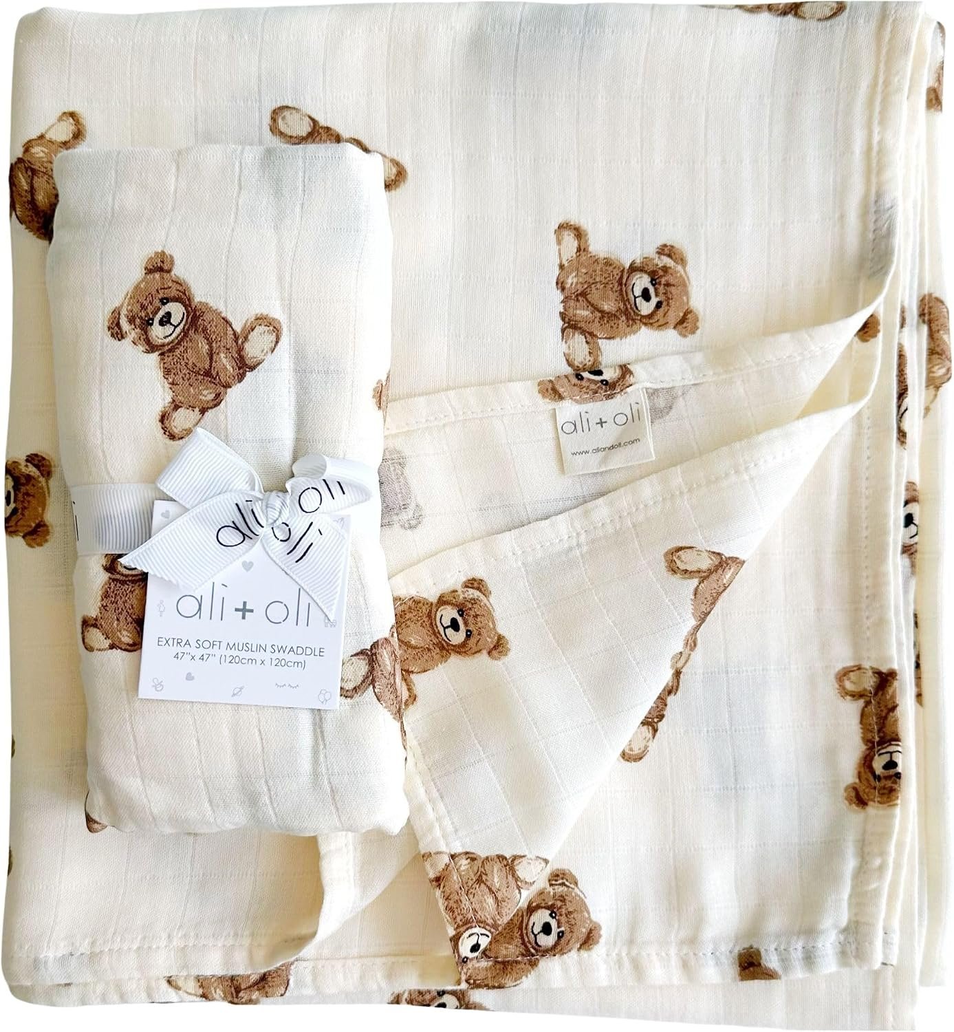 Ali+Oli Teddy Bear Swaddle Blanket, Organic Cotton, Newborn, 47 x 47