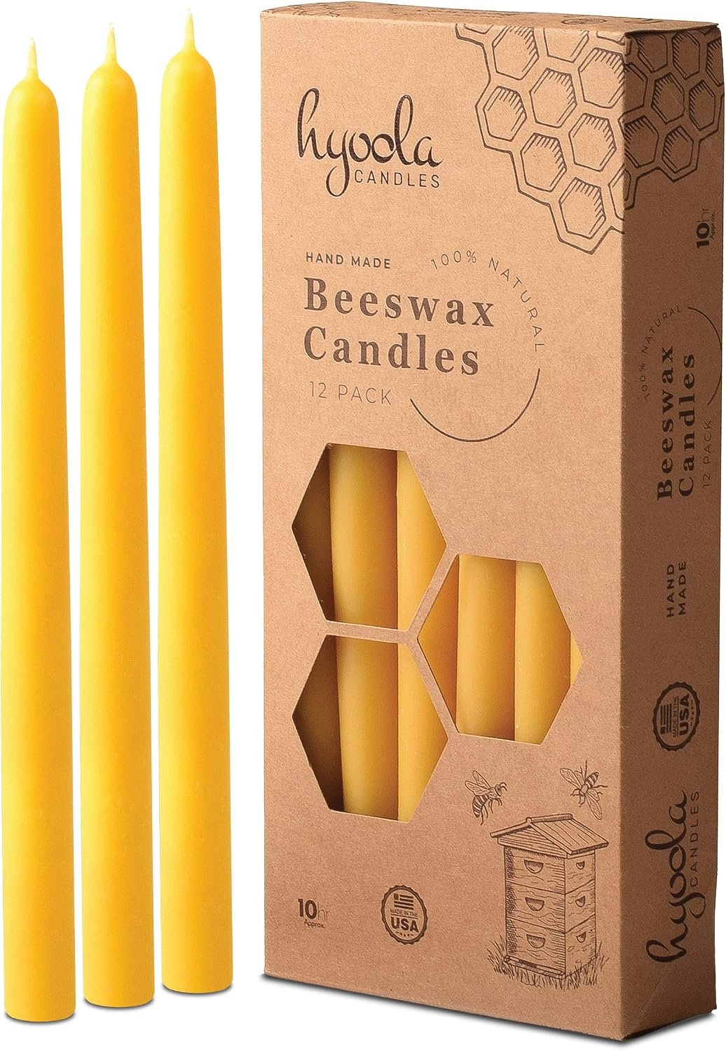 Hyoola 10 Inch Beeswax Taper Candles – 12 Pack – Handmade, All Natural, 100% Pure Unscented Bee Wax Candle – Tall, Decorative, Golden Yellow – 10 Hour Burn Time