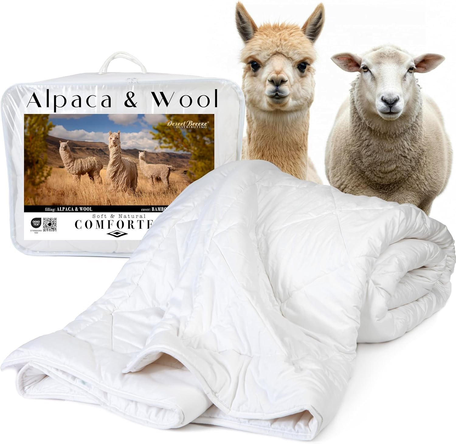 Soft and Natural Australian Alpaca and Wool Comforter or Duvet Insert, Queen, 90×94 inches, 400 GSM, Cotton and Viscose from Bamboo Cover