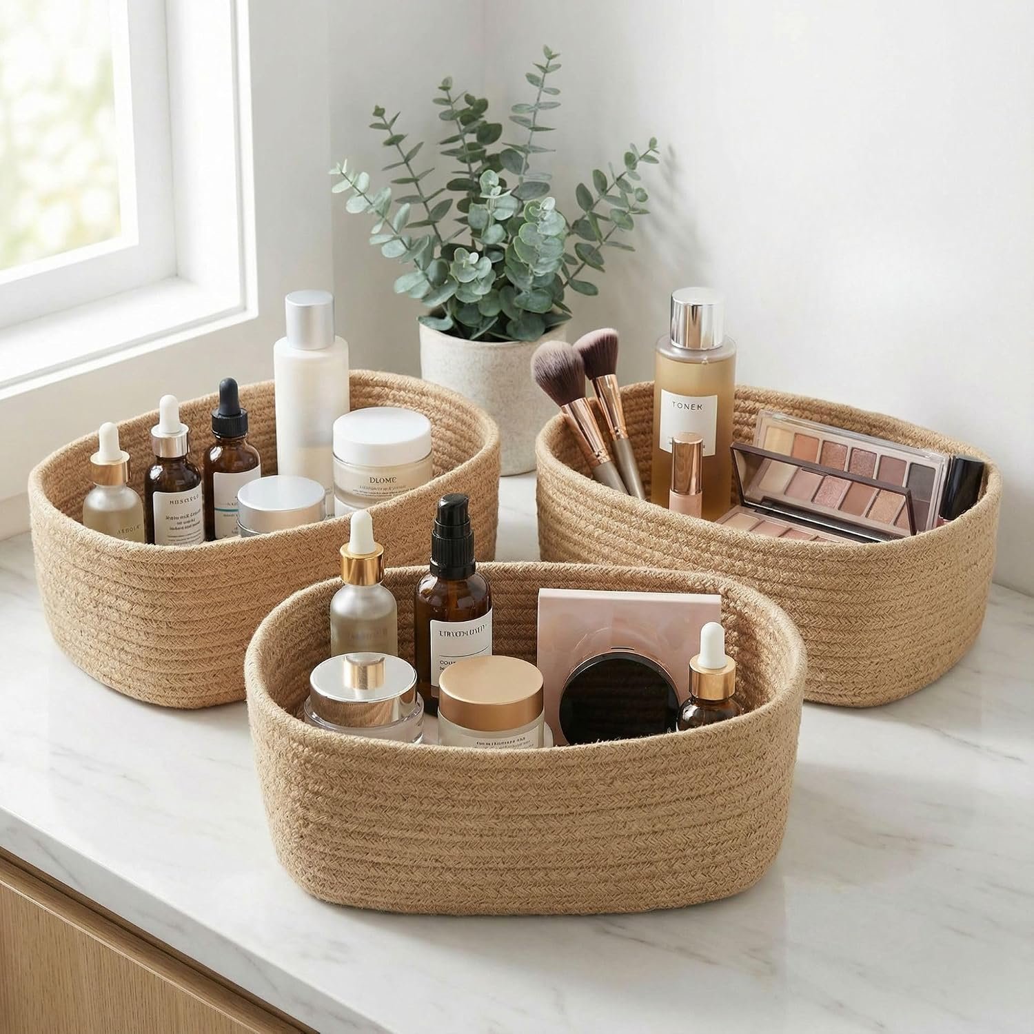 Beautiful Storage Basket Set of 3 – Sturdy Jute Rope Baskets for Shelves