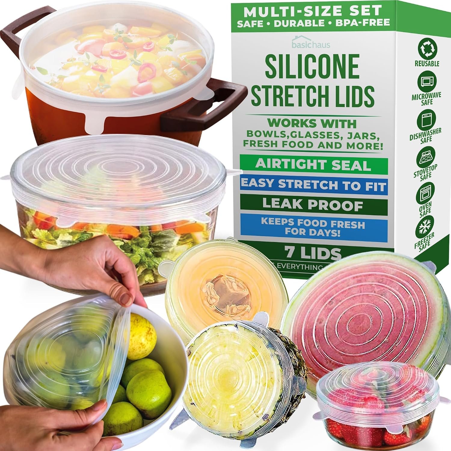 Reusable Silicone Stretch Lids for Food Storage in Fridge – Elastic Heat-Resistant Bowl Covers, Cups, Cans, Jars – Universal Food Grade Lid for Round and Rectangle Containers – Dishwasher Safe -7 Pack