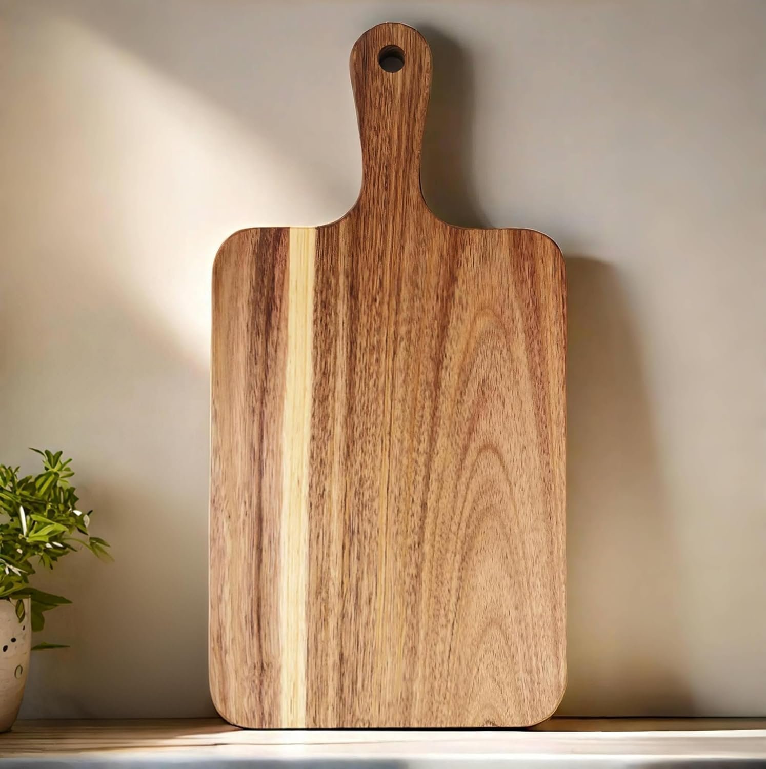 ZeQi Acacia Wood Cutting Board with Handle 13.7”X7”, Charcuterie Board, Serving Board for Cheese, Bread, Meat, Vegetables & Fruits, Natural Wooden Chopping Board for Kitchen