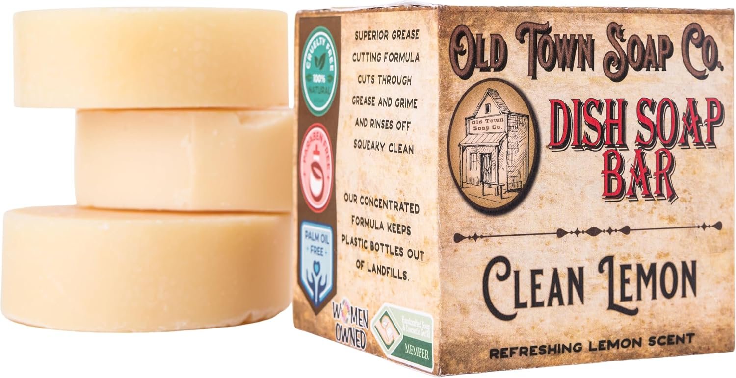 Old Town Soap Co. Lemon Dish Soap Bar – 3 Pack Solid Dish Soap for Dishes, Natural Zero Waste Dishwashing Bar 4oz, Plastic-Free Eco-Friendly Kitchen Soap for Sustainable Cleaning | Made in USA