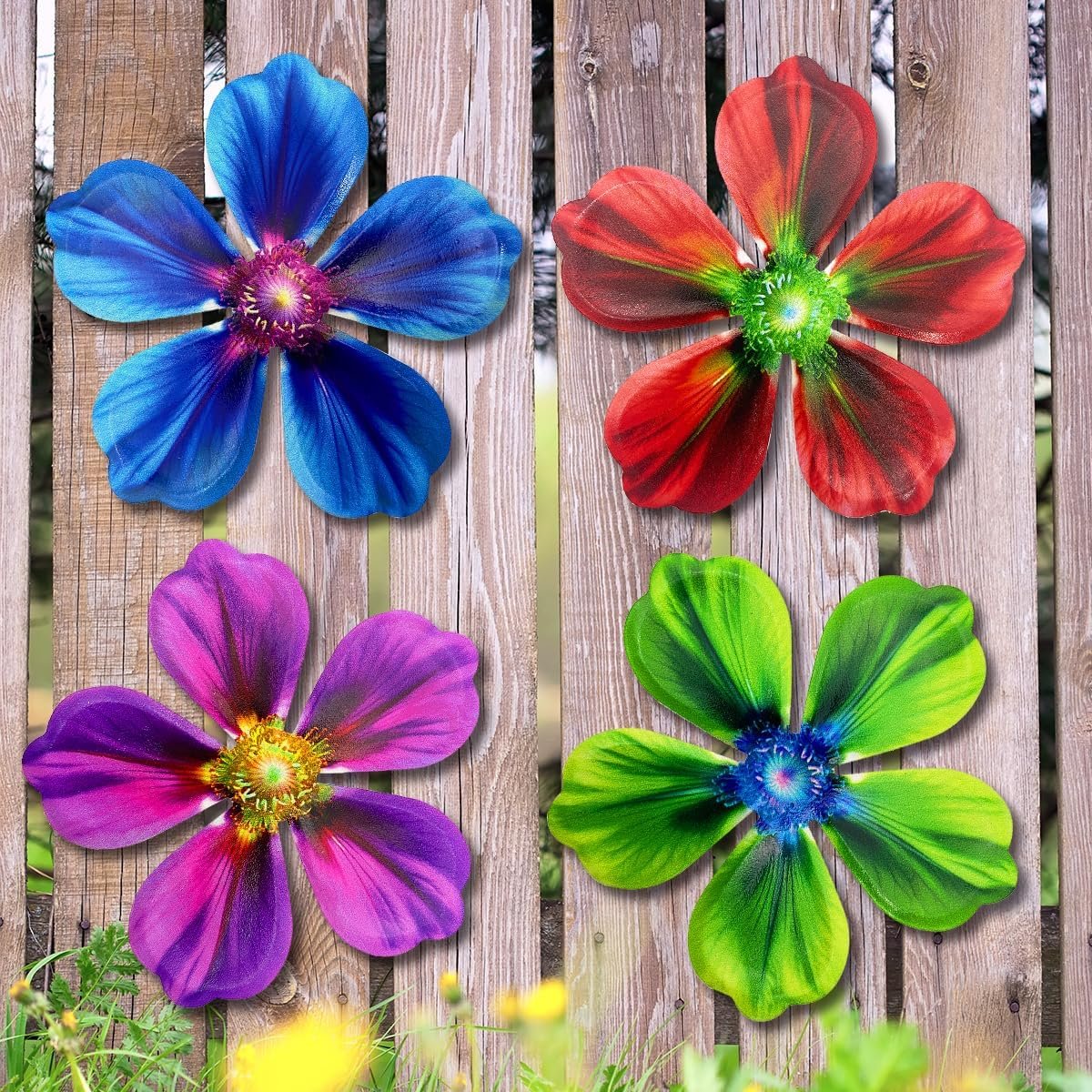 Giyyomtr Metal Flowers Wall Decor – 4pcs Metal Flower Wall Art Hanging Decorations for Outdoor Fence Garden Yard Patio Decor, Gift for Mom Friends