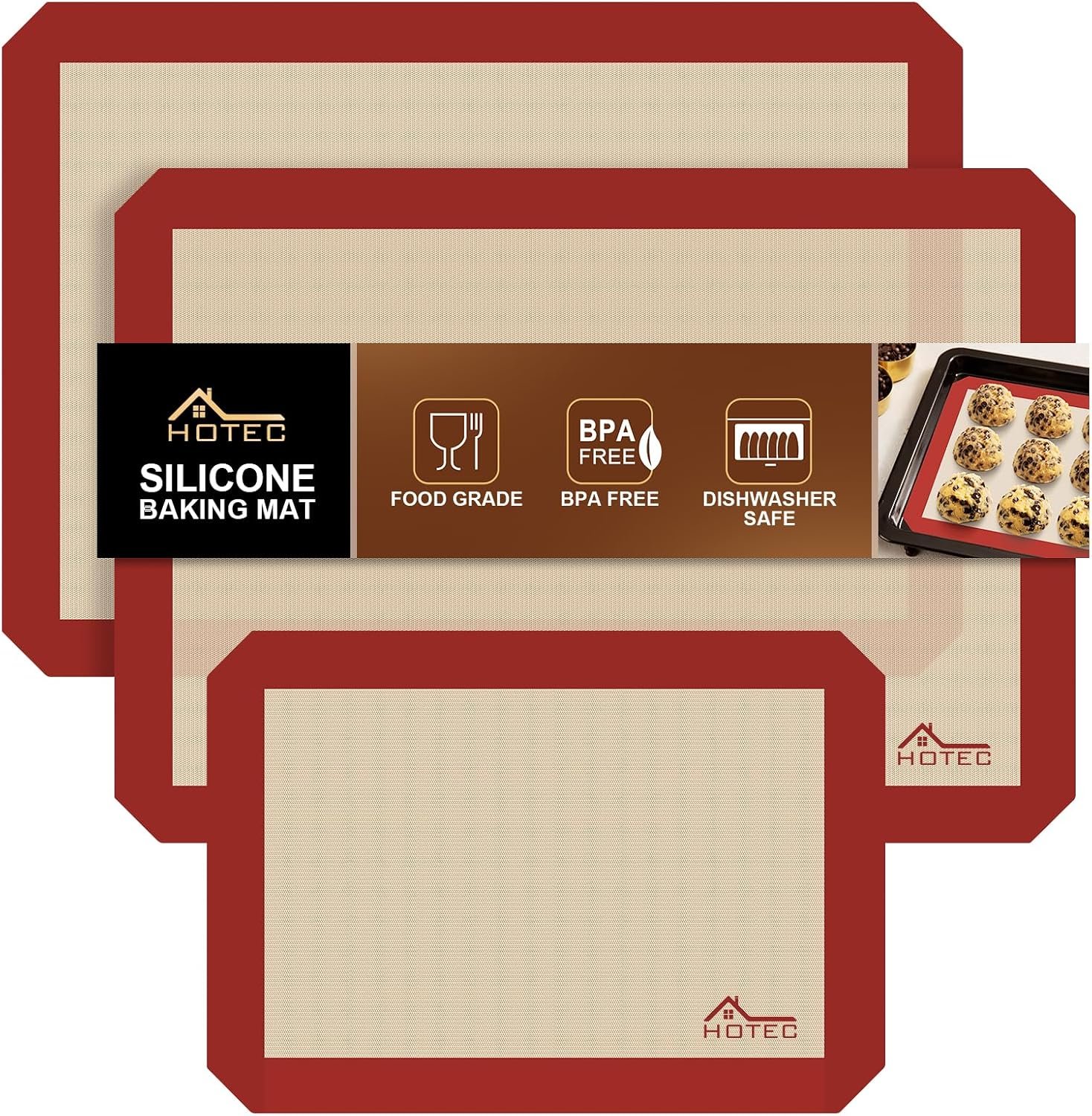 HOTEC Silicone Baking Mats 3 Pack – Non-Stick Reusable Silicone Baking Sheets for Oven – Cookie & Macaron Mats – 2 Half Sheet + 1 Quarter Sheet – BPA-Free, Dishwasher Safe