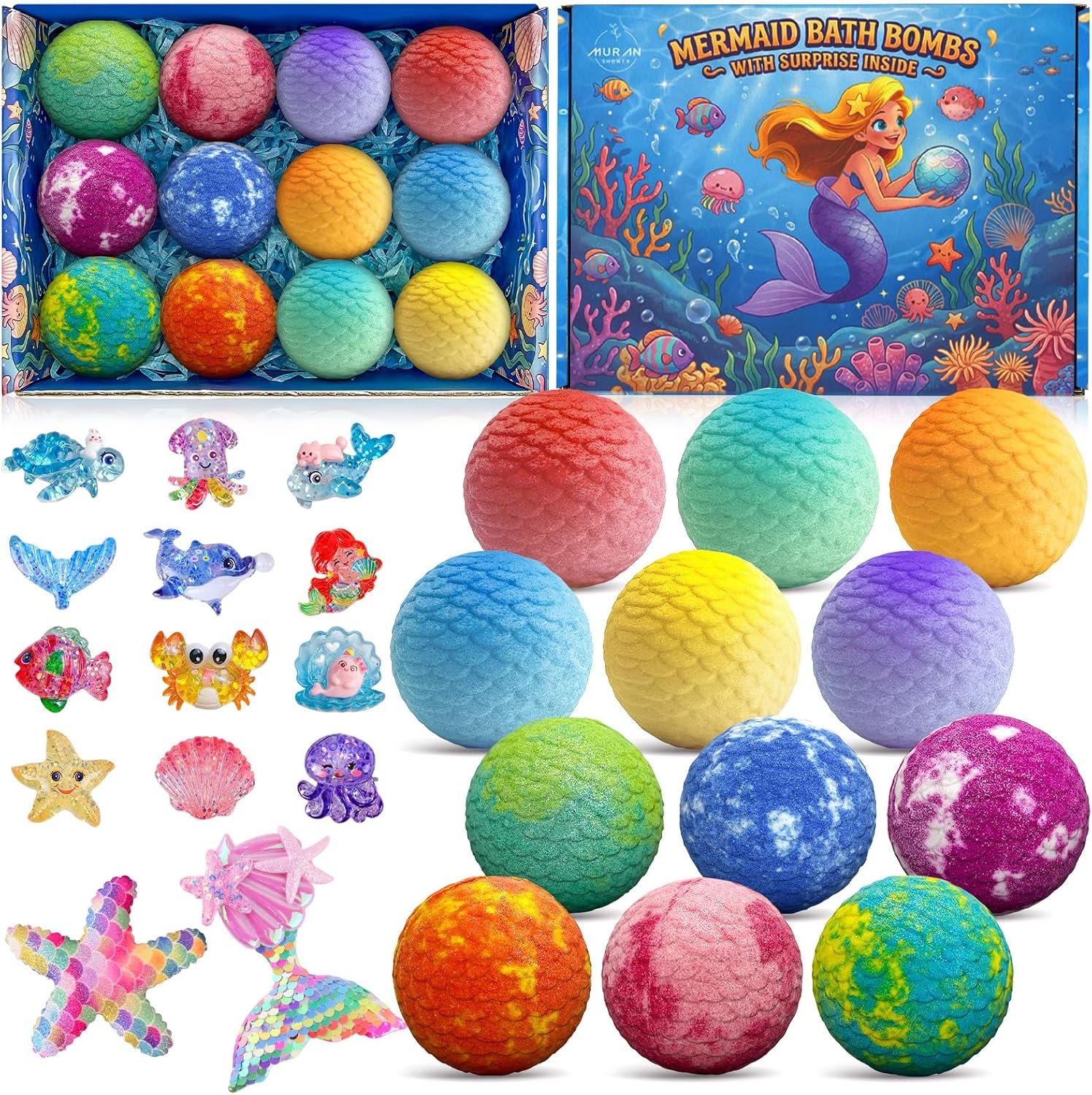 Mermaid Bath Bombs for Kids with Surprise Toys Inside, 12pcs Bubble Kids Bath Bombs with Mermaid Toys Gift Set for 3 4 5 6 7 8 Year Old Girls Birthday Christmas Halloween Gifts Spa Bath Toy Fun