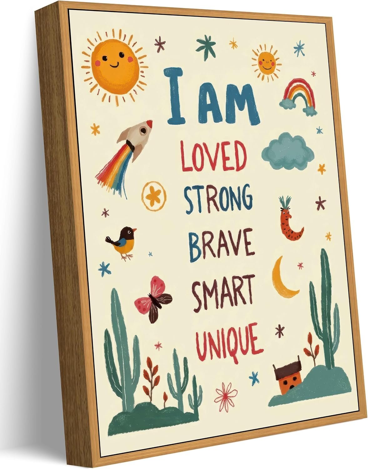 Framed Boho Kids Affirmation Wall Art, Colorful Positive Quotes Nursery Wall Decor Painting, Cute Desert Cactus Rainbow Art Print for Baby Bedroom Playroom Decoration, 8x10in