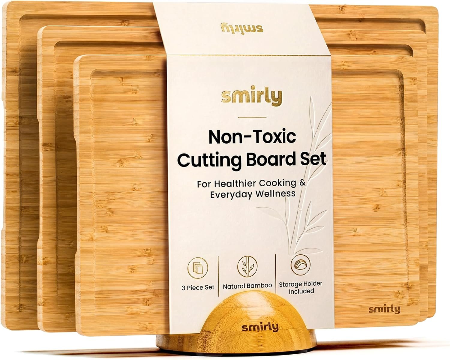 SMIRLY Cutting Boards for Kitchen, 3 Piece Bamboo Cutting Board with Stand