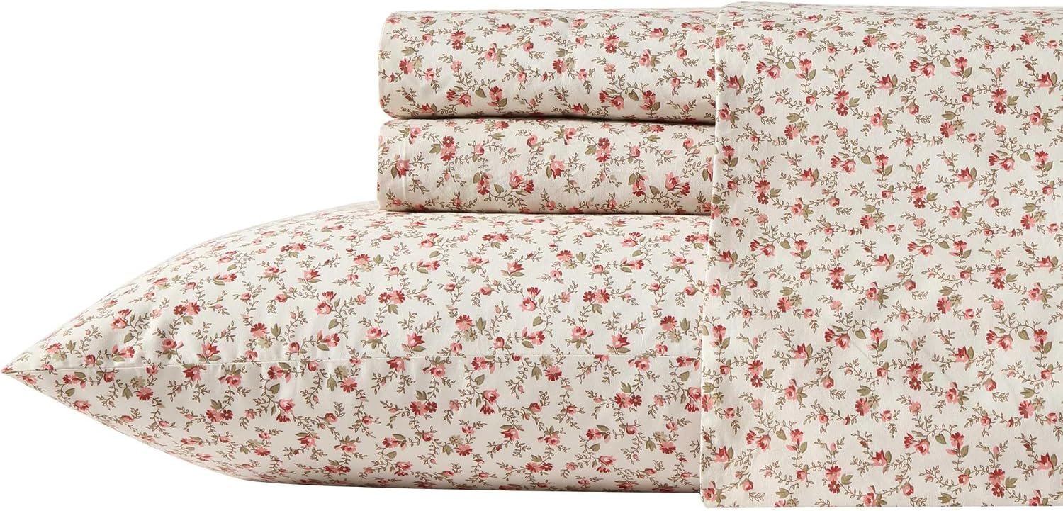 Laura Ashley – Queen Size Sheet Set, Crisp & Lightweight Cotton Percale Bedding with Fitted Sheet and Pillowcases, Floral Room Decor, Deep Pocket, College Dorm Room Essentials (Sweet Success Pink)