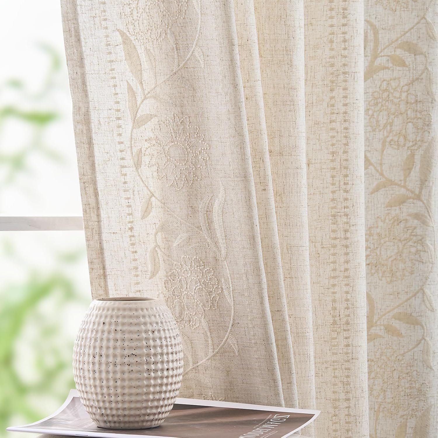 jinchan Ivory Floral Linen Curtains for Living Room 84″ Back Tab 2 Panels