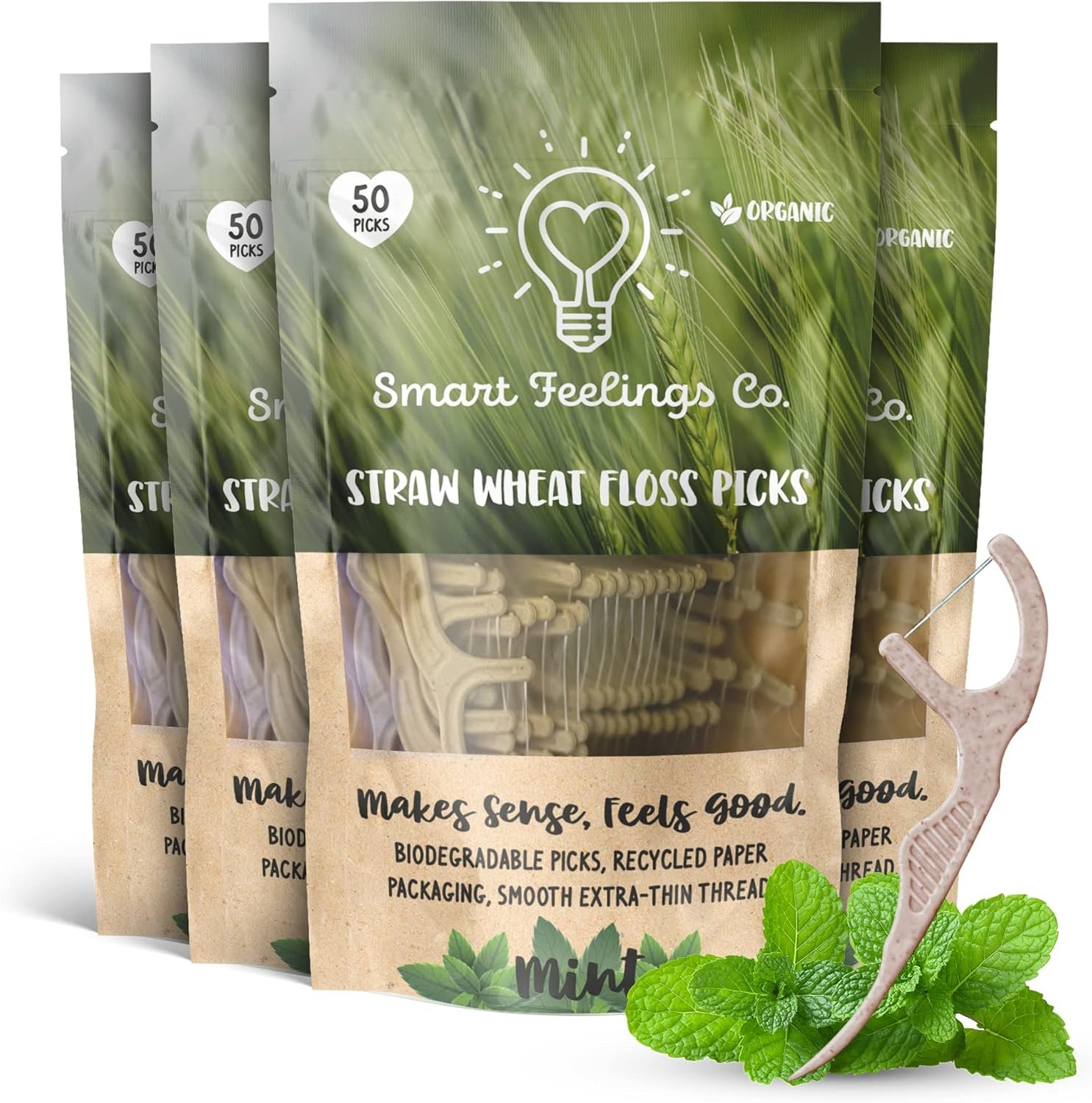 Biodegradable Dental Floss Picks 200 Count Total 4 x 50 | Eco-Friendly Bamboo Like Straw Wheat Sustainable Flossers for Enviromentally Conscious Adults and Kids Teeth Cleaning