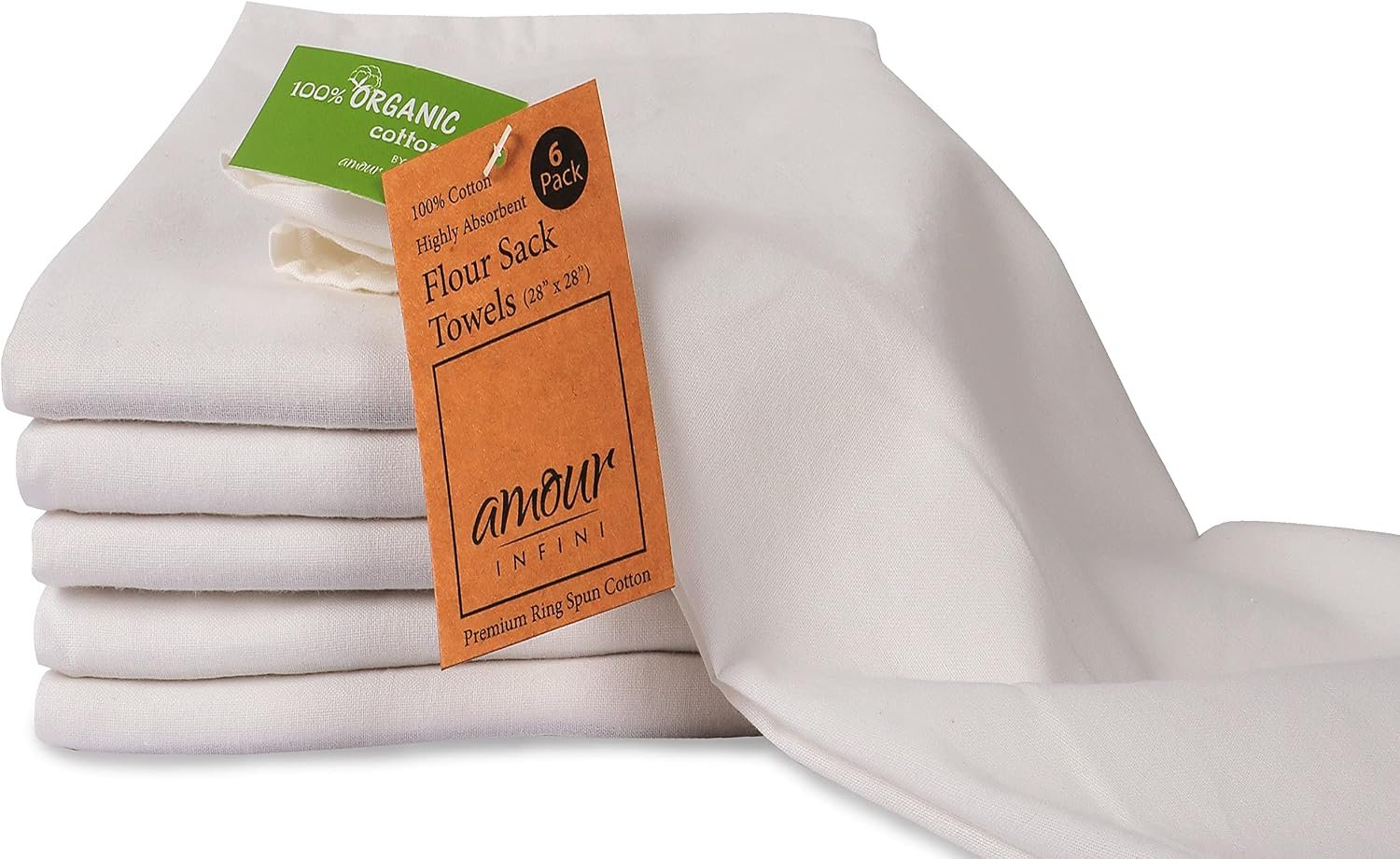 AMOUR INFINI Organic Cotton Flour Sack Kitchen Towels Pack of 6 – Tea Towel for Embroidery and Drying Glass, Dinnerware -Lint Free – Highly Absorbent Off White Dish Towels (28×28 Inch)