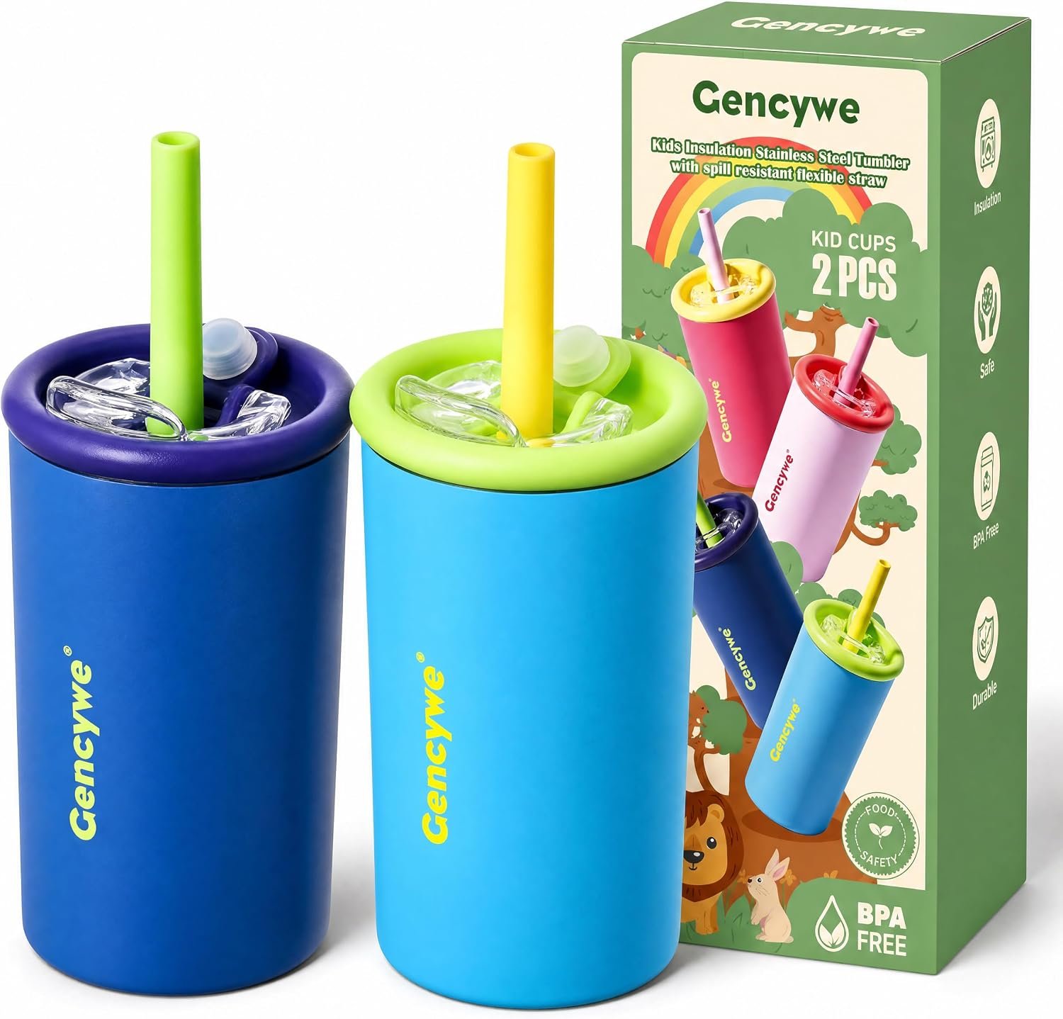 Gencywe® 2 PACK Kids Double Walled Stainless Steel Cups with Straws and lids | 12 oz Spill-Proof Sippy Smoothie Tumbler Set, Small Kids Snack & Drink Water Cups, BPA-Free (Age: 3+ years old & up)