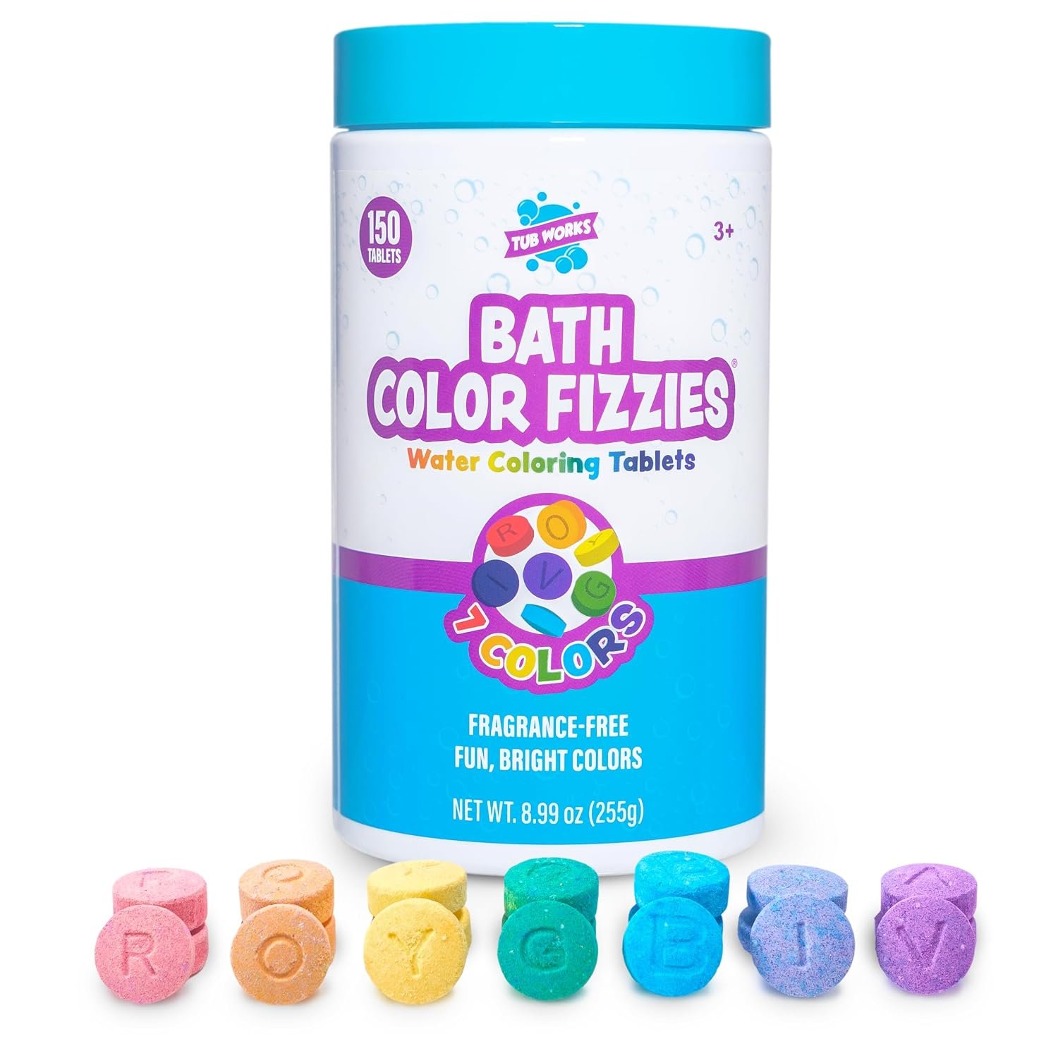 Tub Works® Bath Color Fizzies, 150 Count | Nontoxic & Fragrance-Free | Fizzy, Bath Color Tablets for Kids | Create Colorful Water Water Tablets in 7 Colors for Variety | Bath Bombs for Kids Bathtub