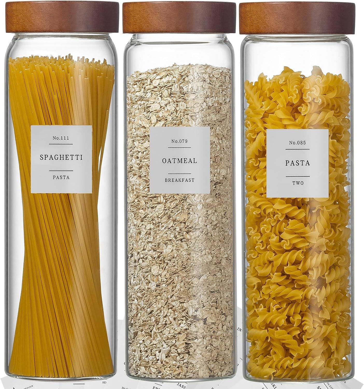 3 Pack Glass Pasta Storage Containers with Screw Wood Lid 70oz + 132 Labels