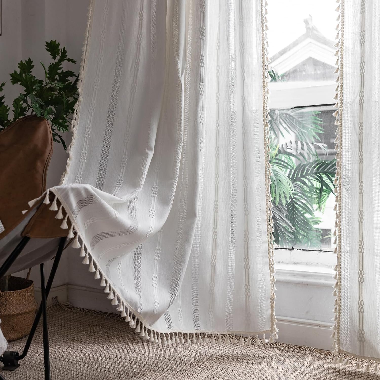 Boho Linen Curtains Farmhouse Cotton Off White Curtains 63″ 84″ 96″ inch Length Semi Blackout Curtains with Embroidery Striped Light Filtering Drapes 2 Panels Set for Living Room Bedroom, Ivory White