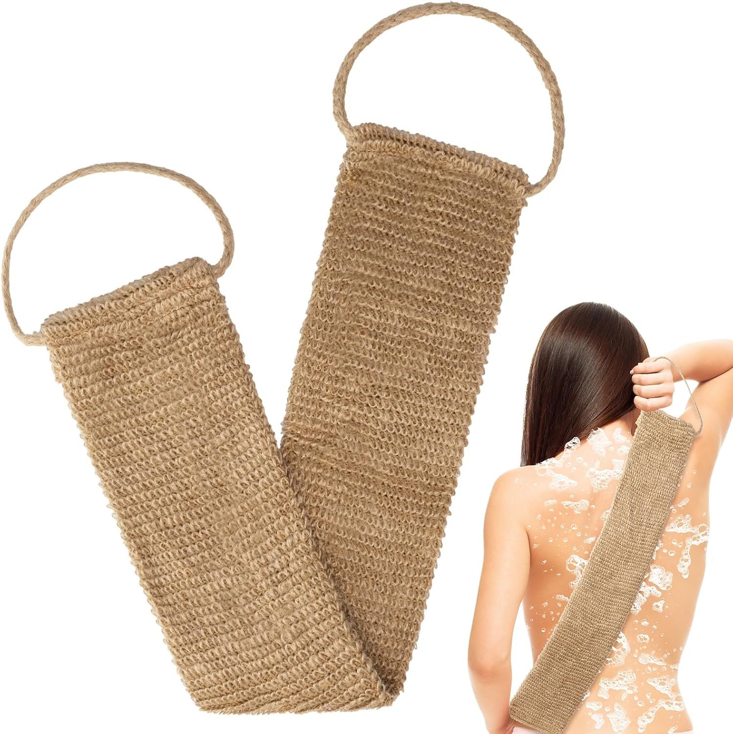 Exfoliating Hemp Back Scrubber with Handles, Large Natural 23 Inch Double-Sided Exfoliator Body Scrub Towel, Washcloth Bath Tool for Use, Back Washer to Deep Clean Your Skin for Men & Women