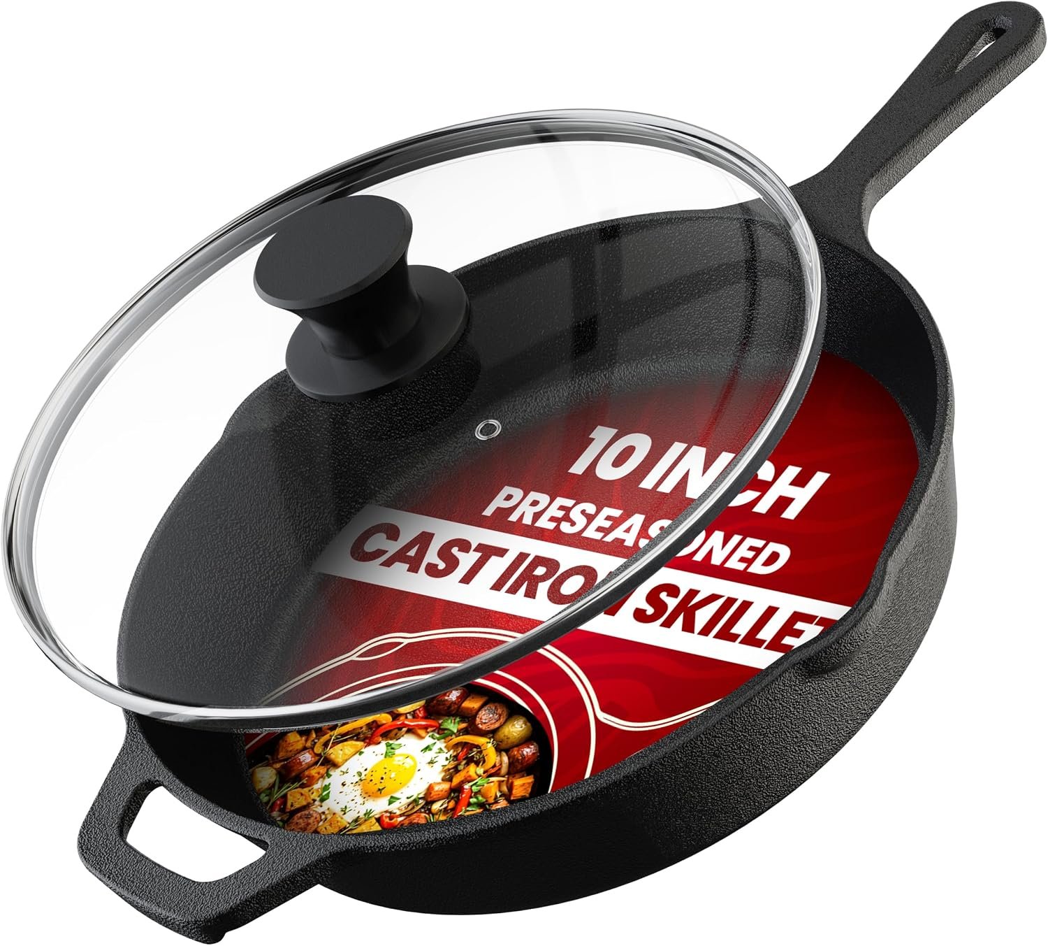 Utopia Kitchen Cast Iron Skillet 10 Inch with Lid Chefs Frying Pan Black