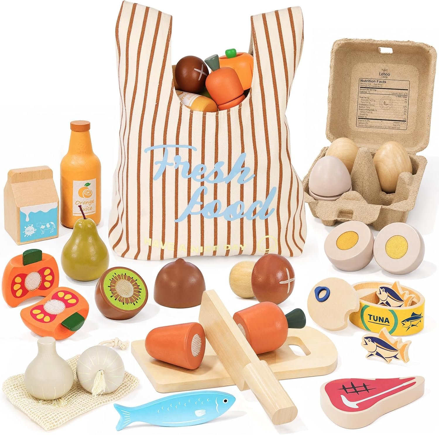Lehoo Castle Wooden Play Food Sets for Kids Kitchen, Pretend Play Toys