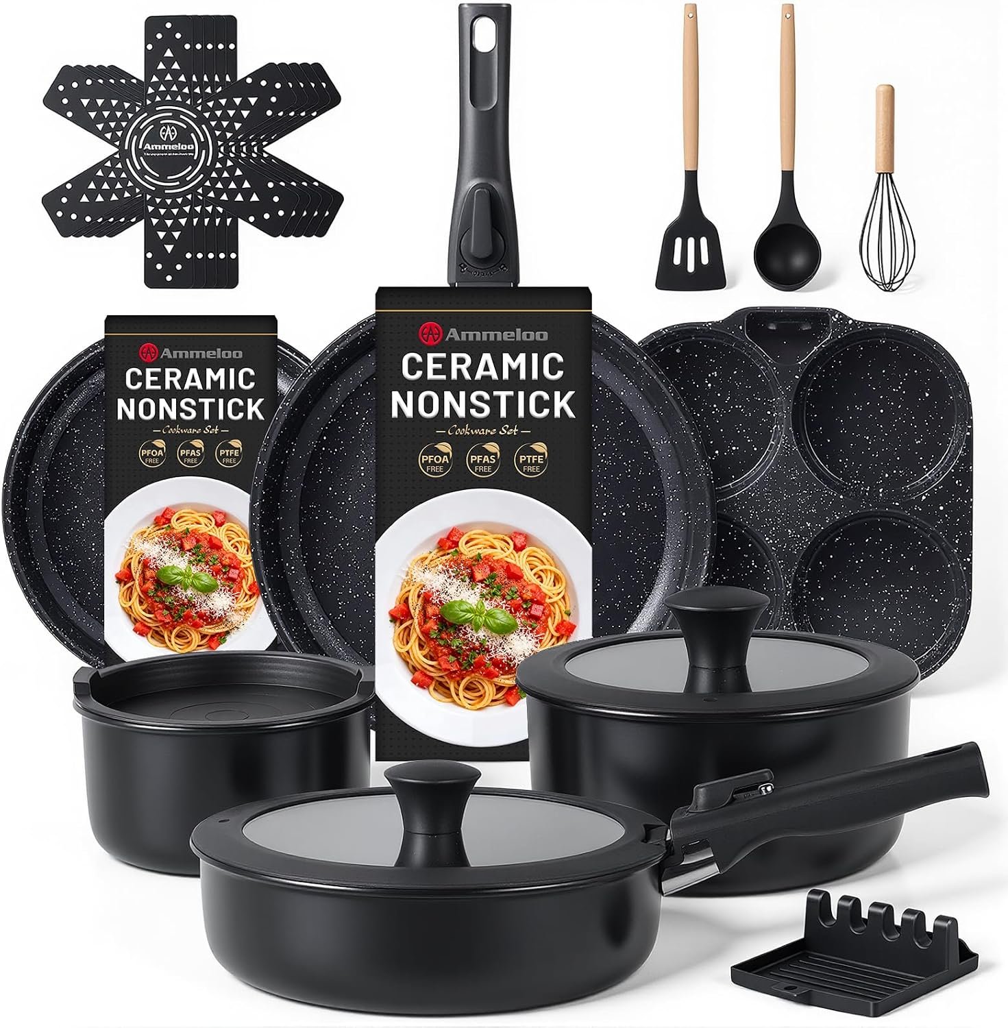 Ammeloo 21-Piece Ceramic Pots and Pans Set Non Stick with Detachable Handles and Egg Frying Pan, Non-Toxic Cookware, Induction Ready, Oven Safe, Stackable for Storage, Black Speckled