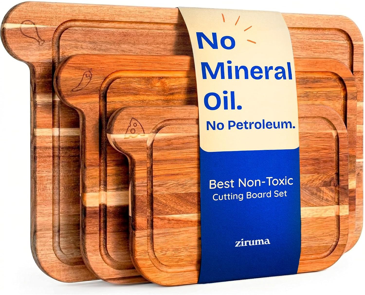 Non-Toxic Acacia Cutting Board Set of 3, Mineral Oil Free, Plastic Free